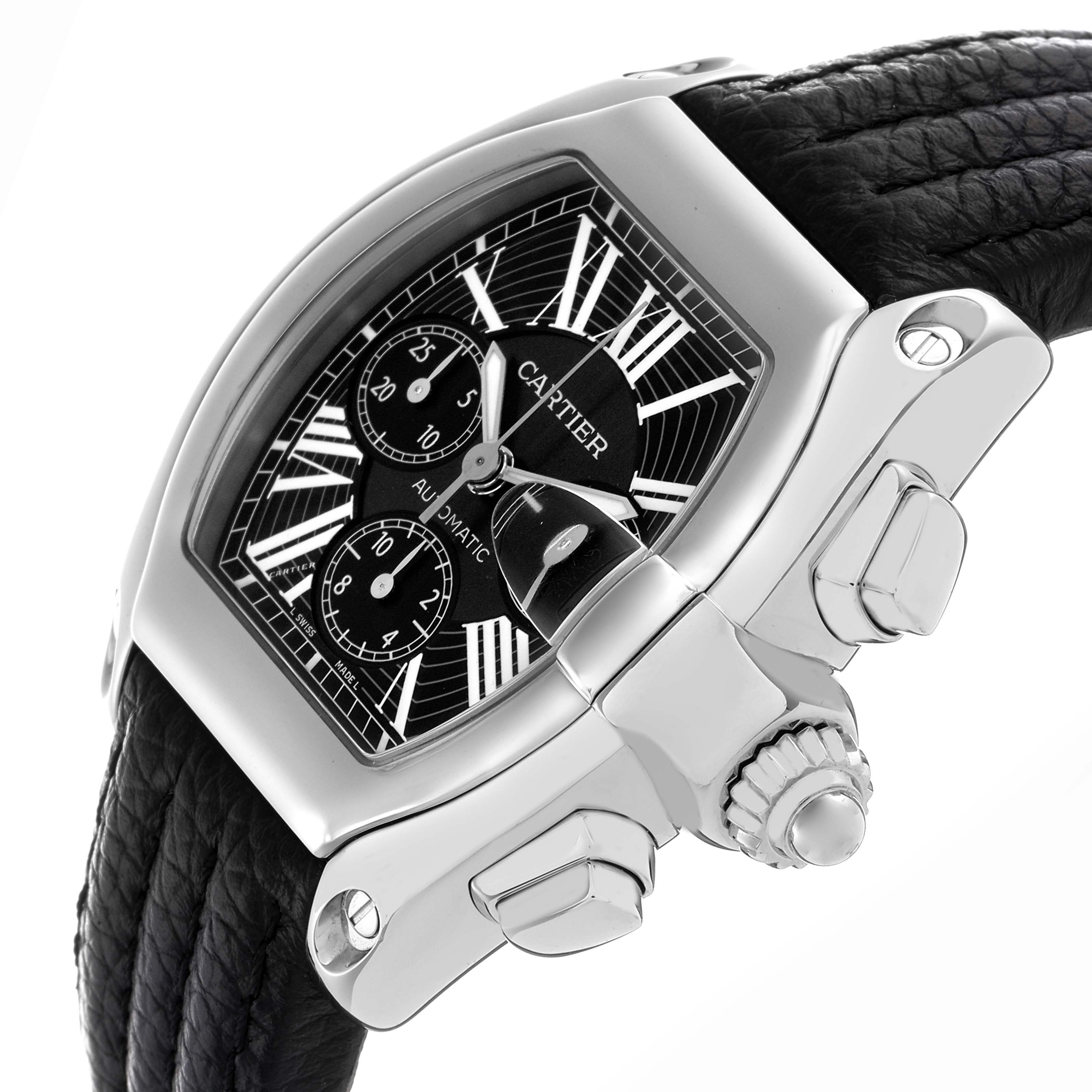 The Cartier Roadster W62020X6 Men's Stainless Steel Black Dial W62020X6 Men's Stainless Steel Black Dial watch is shown at an angle highlighting its dial, crown, and leather strap.