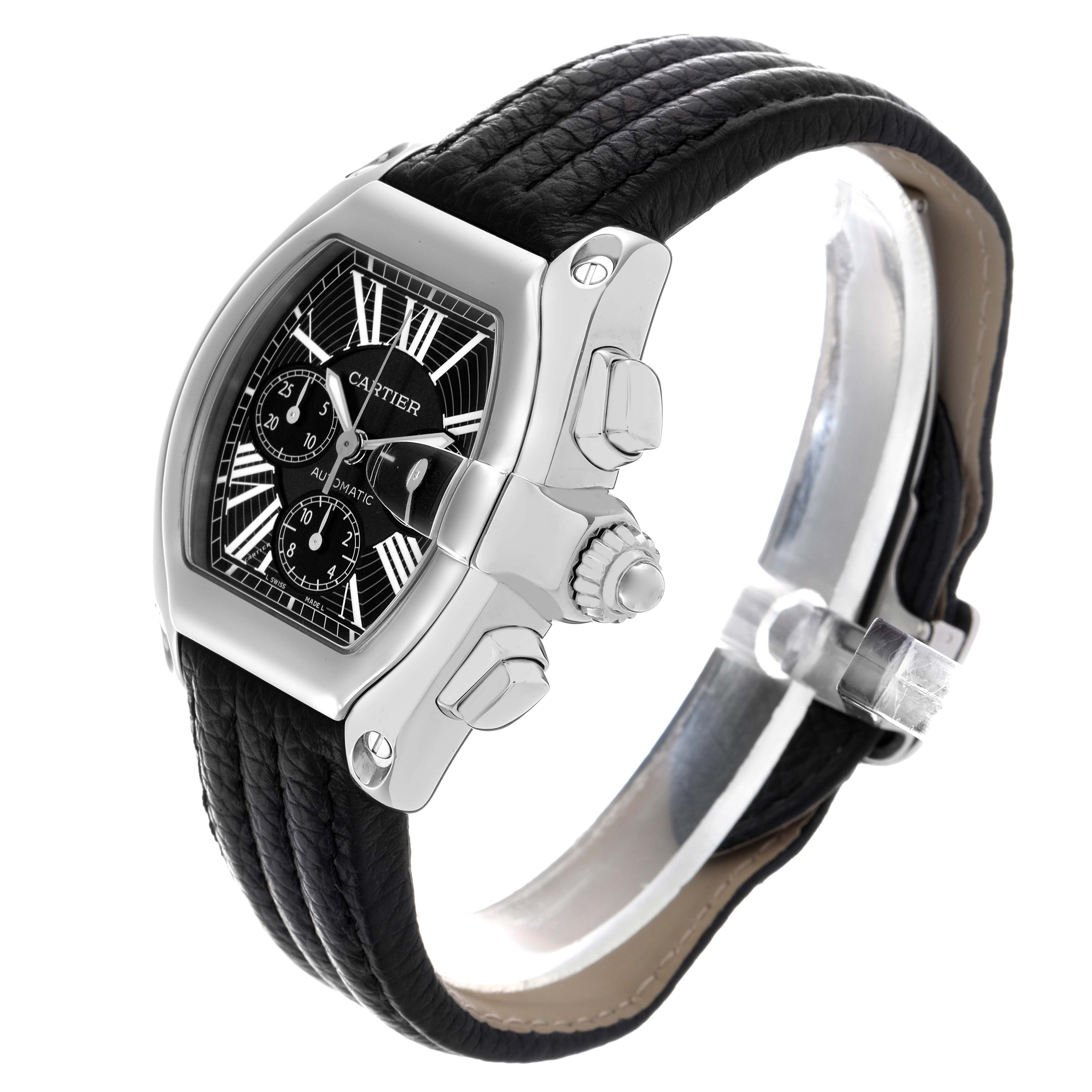 The Cartier Roadster W62020X6 Men's Stainless Steel Black Dial W62020X6 Men's Stainless Steel Black Dial watch is shown at a side angle, highlighting its case, black dial, subdials, and leather strap.