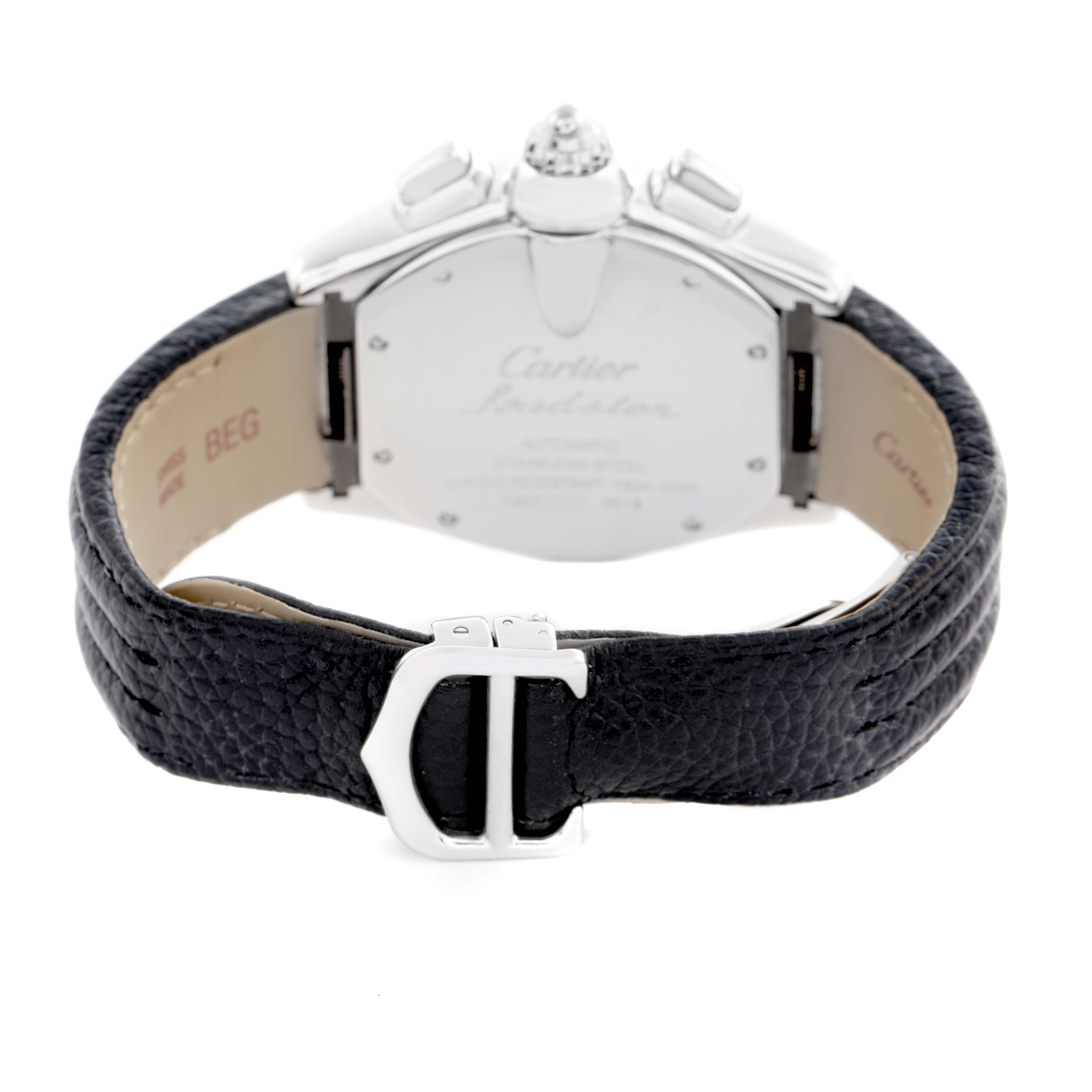 The image shows a rear view of the Cartier Roadster W62020X6 Men's Stainless Steel Black Dial W62020X6 Men's Stainless Steel Black Dial watch, highlighting its clasp and leather strap.