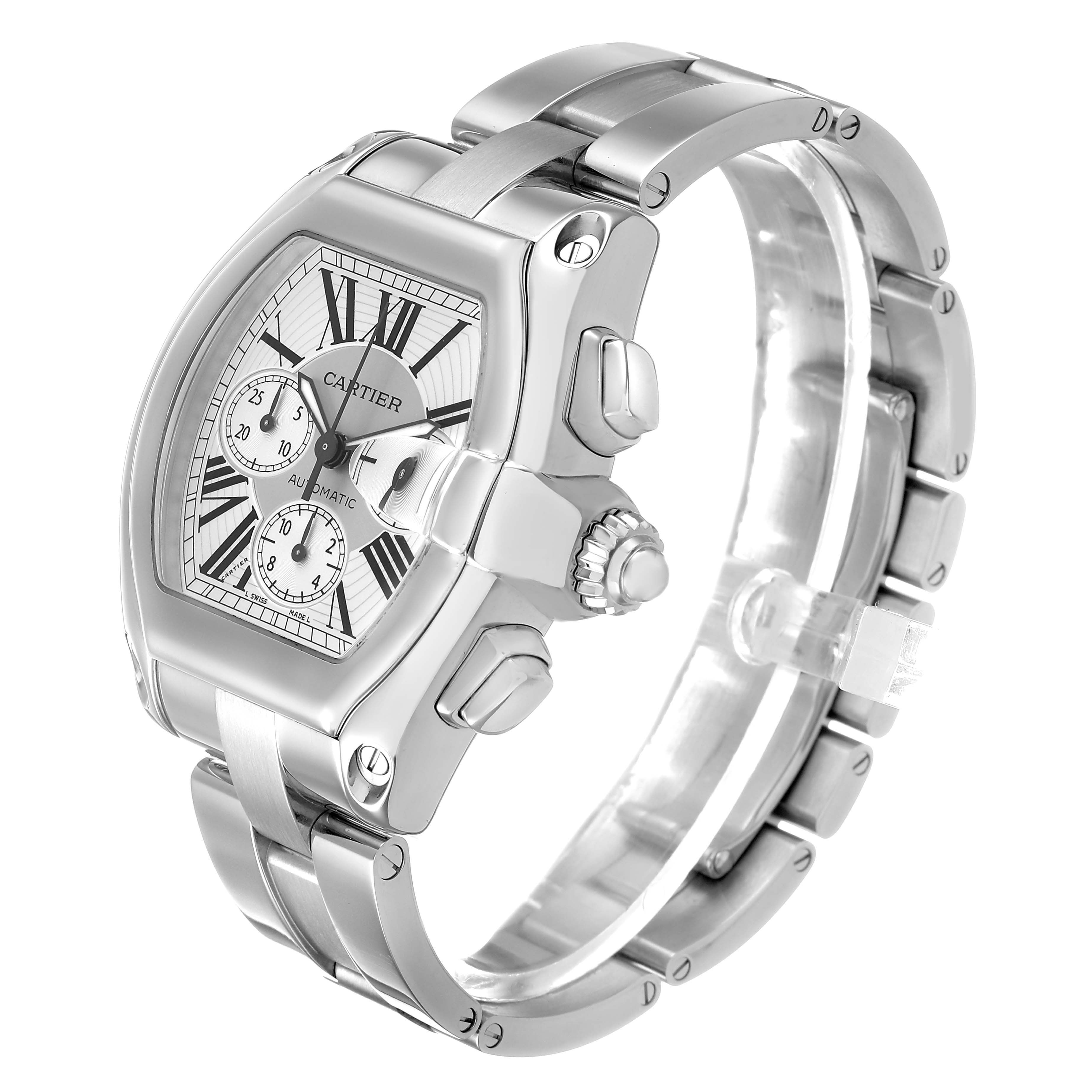 The Cartier Roadster W62019X6 Men's Stainless Steel Silver Dial watch is shown at an angle displaying the face, crown, subdials, and part of the bracelet.