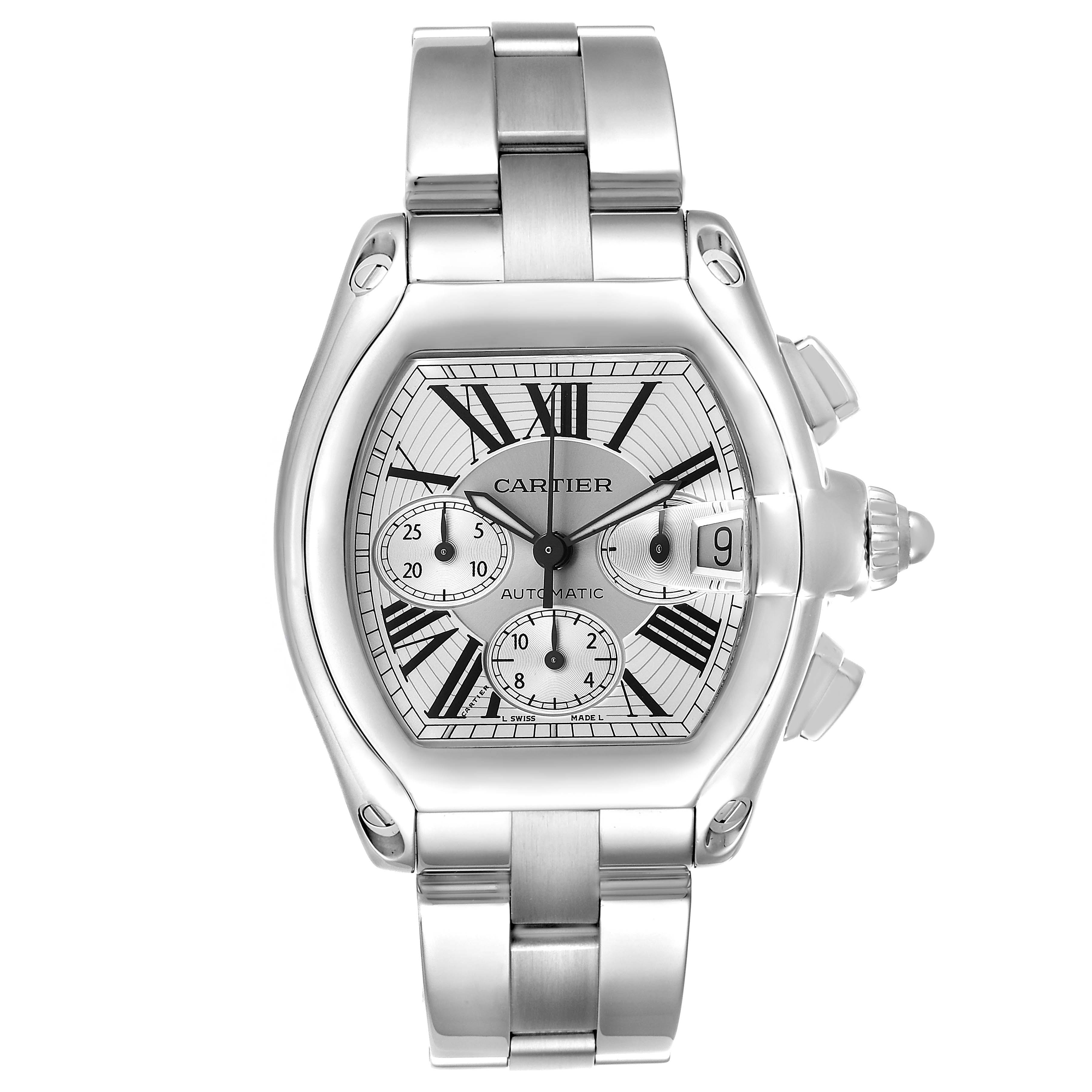 The Cartier Roadster W62019X6 Men's Stainless Steel Silver Dial watch is shown from a front angle, highlighting the dial, case, and bracelet.