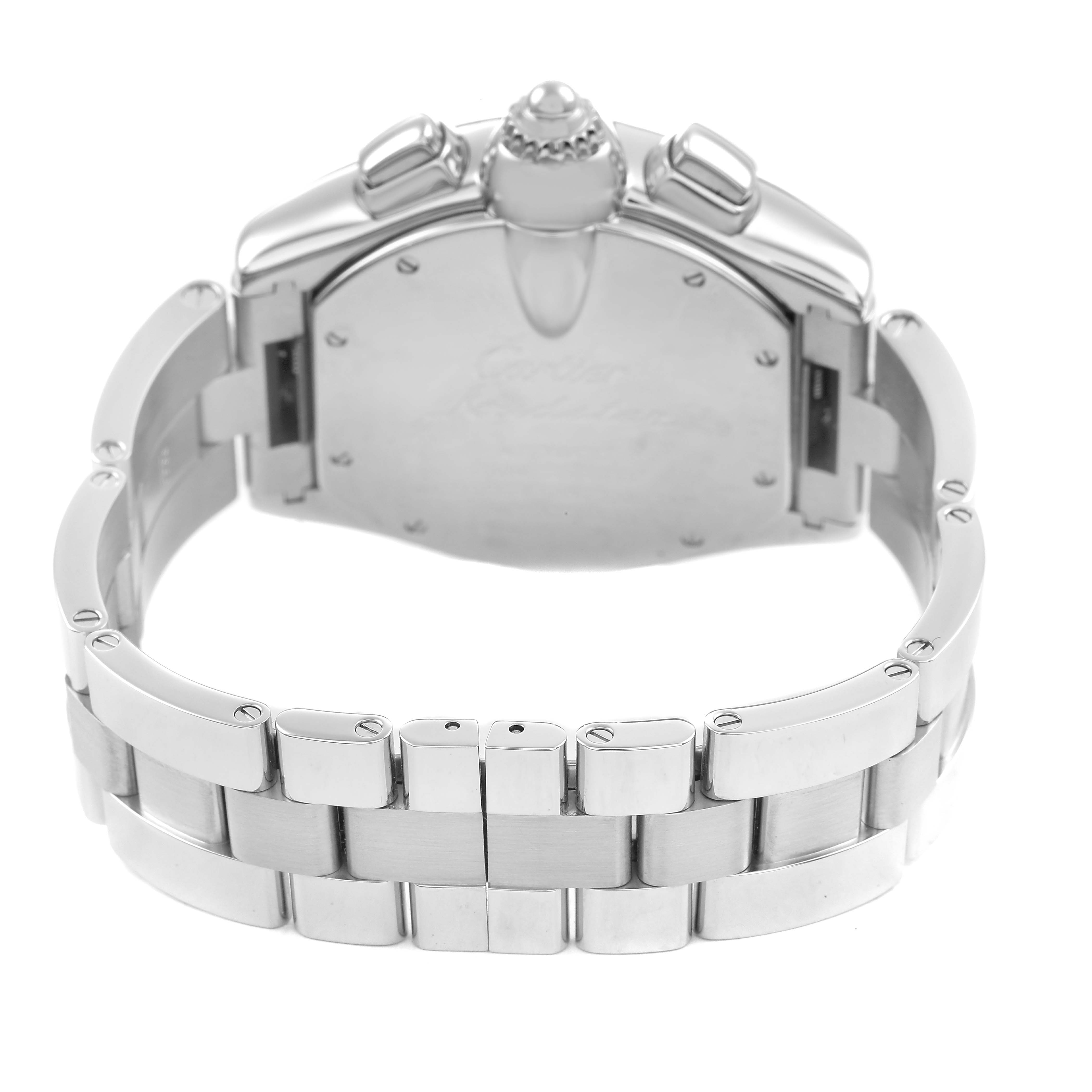 The Cartier Roadster W62019X6 Men's Stainless Steel Silver Dial watch is shown from the back, highlighting its clasp, case back, and bracelet design.
