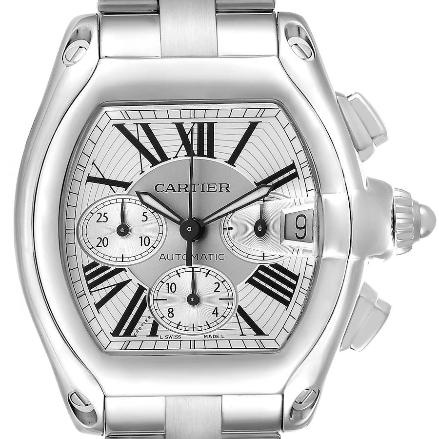 The Cartier Roadster W62019X6 Men's Stainless Steel Silver Dial watch is shown from the front angle, highlighting its polished bezel, Roman numerals, subdials, and date window.