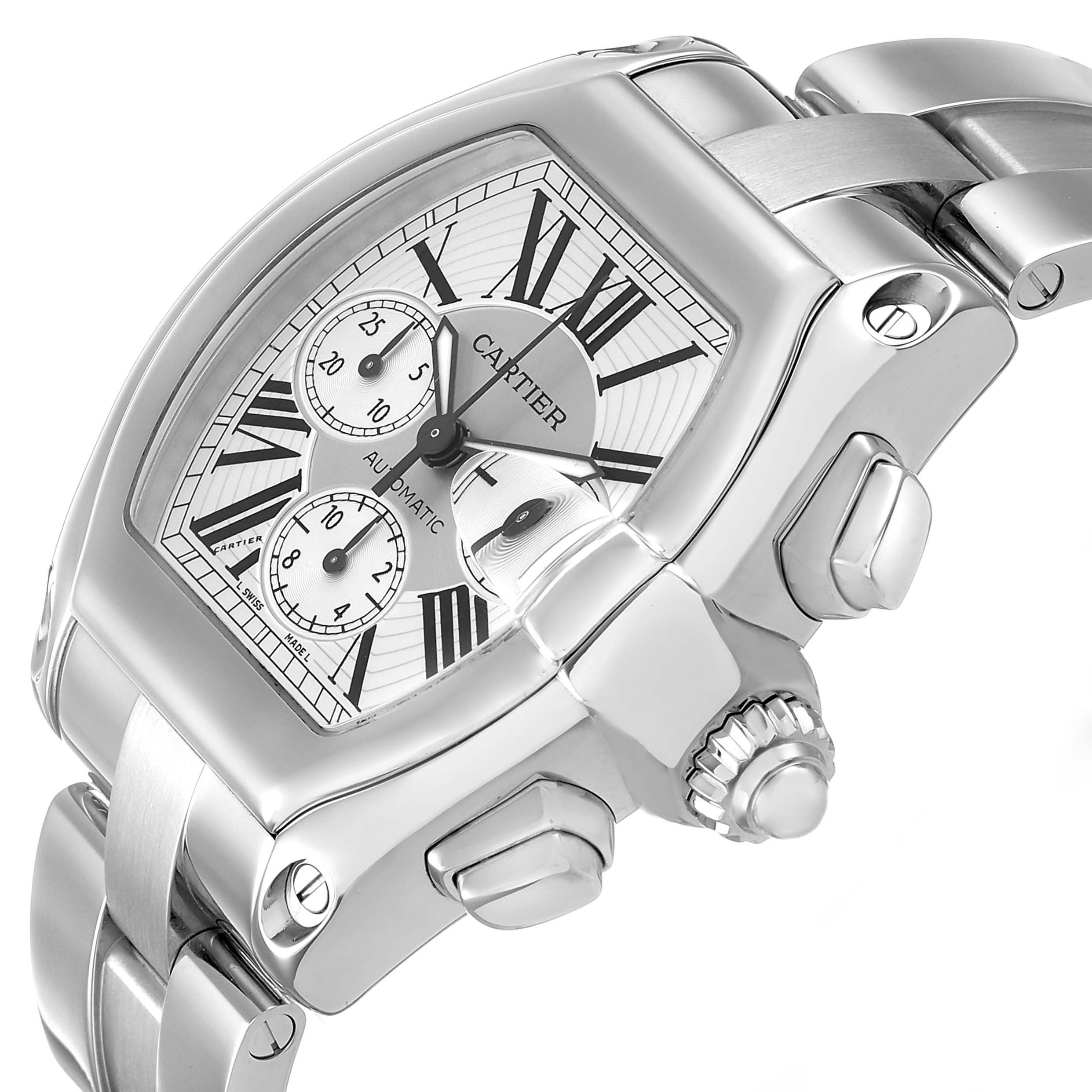 The Cartier Roadster W62019X6 Men's Stainless Steel Silver Dial watch is shown at a slight angle, highlighting the face, crown, and part of the bracelet.