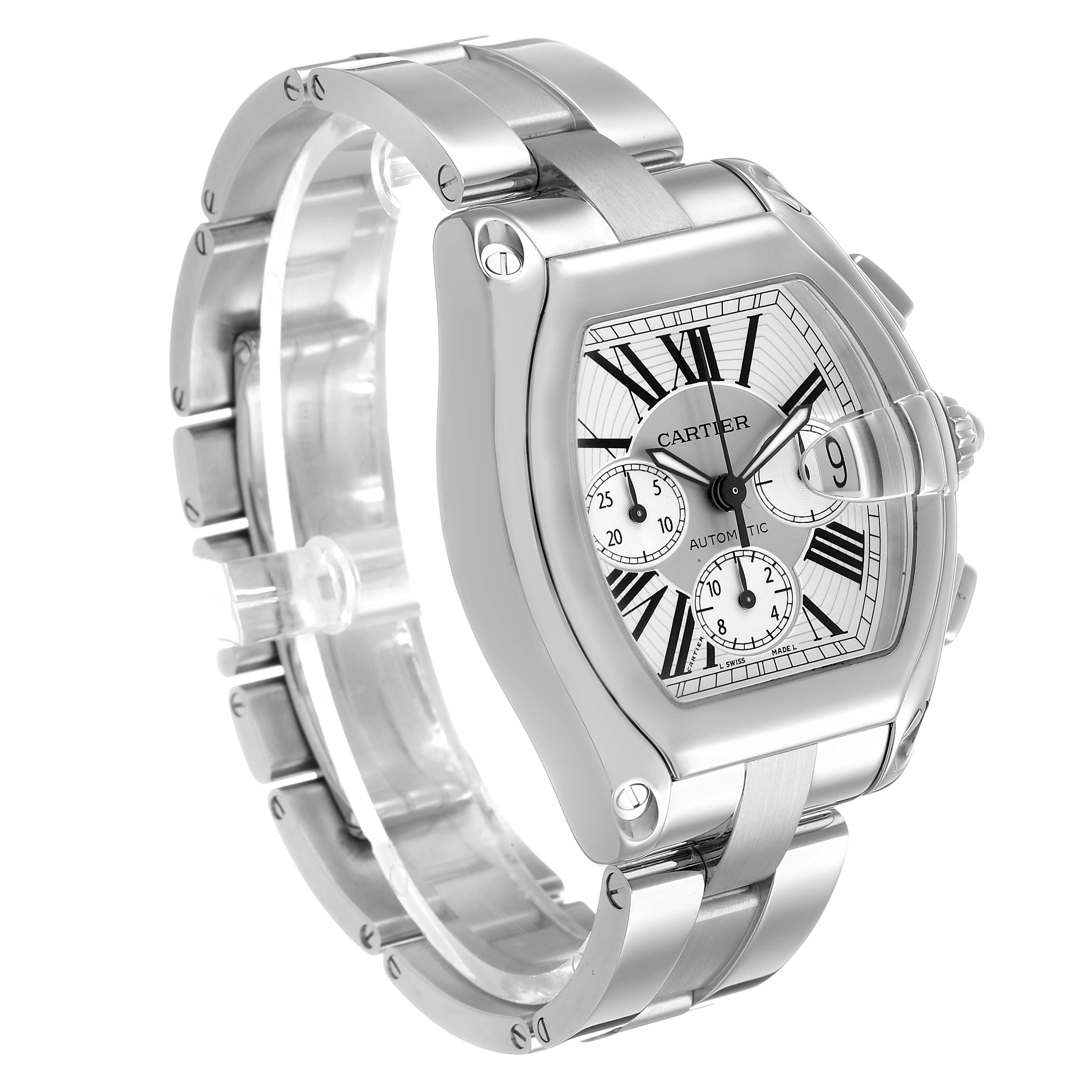 The Cartier Roadster W62019X6 Men's Stainless Steel Silver Dial watch is shown from an angled view, highlighting the bezel, bracelet, and chronograph sub-dials.