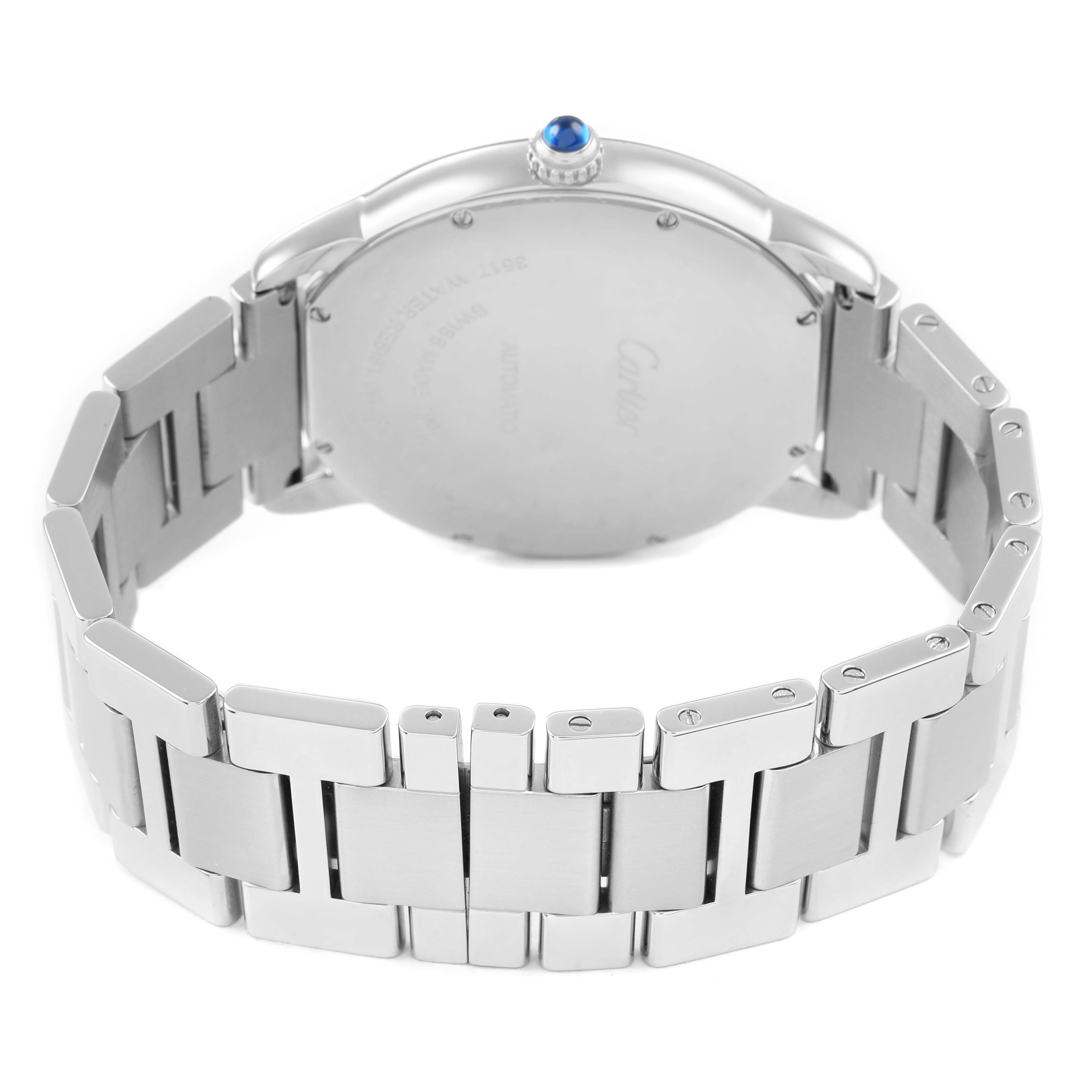 The image shows the backside and metal bracelet of a Cartier Ronde W6701011 Men's Stainless Steel Silver Dial watch, with a focus on the clasp and case back.