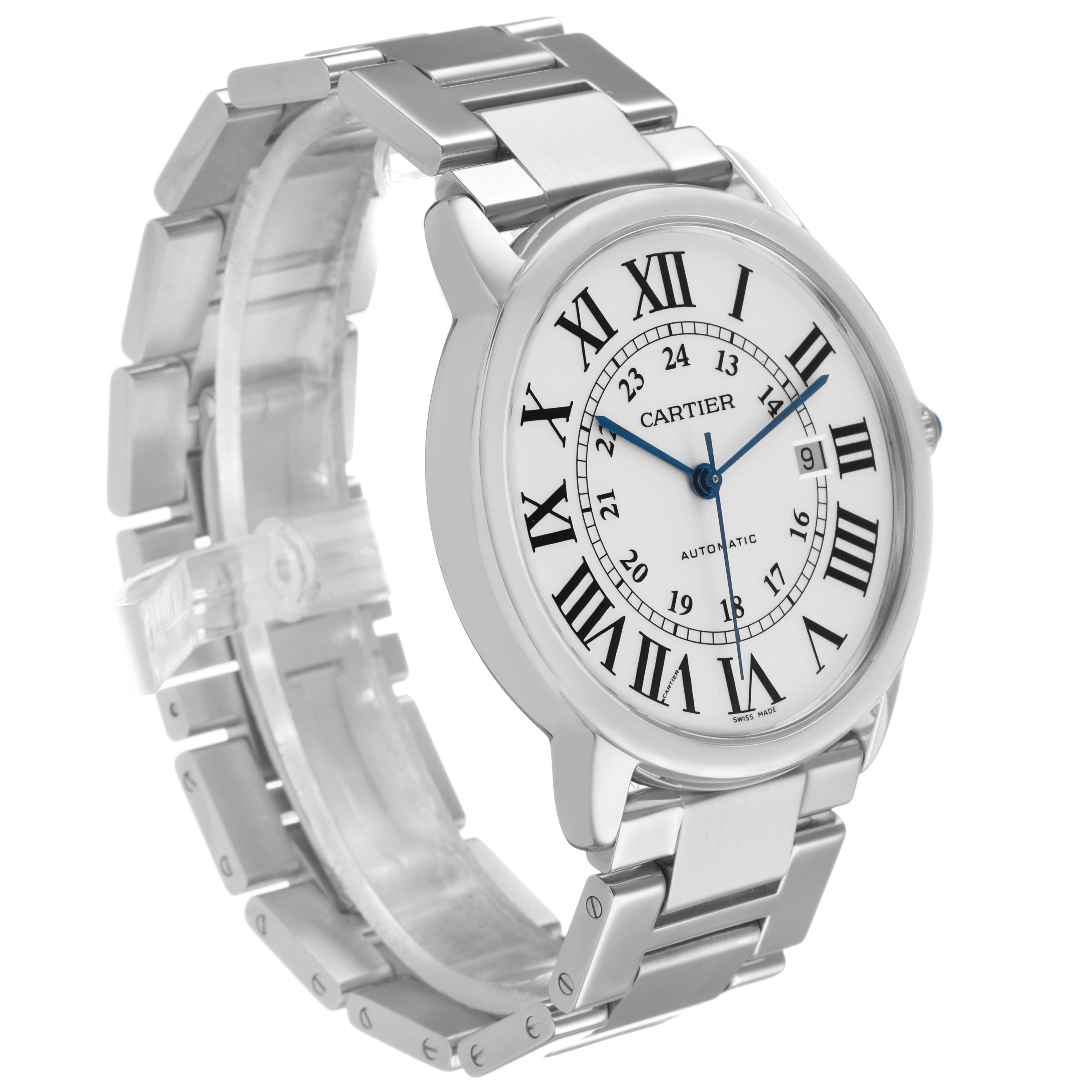 The Cartier Ronde W6701011 Men's Stainless Steel Silver Dial watch is shown at a three-quarter angle, highlighting its face, bezel, and metal bracelet.