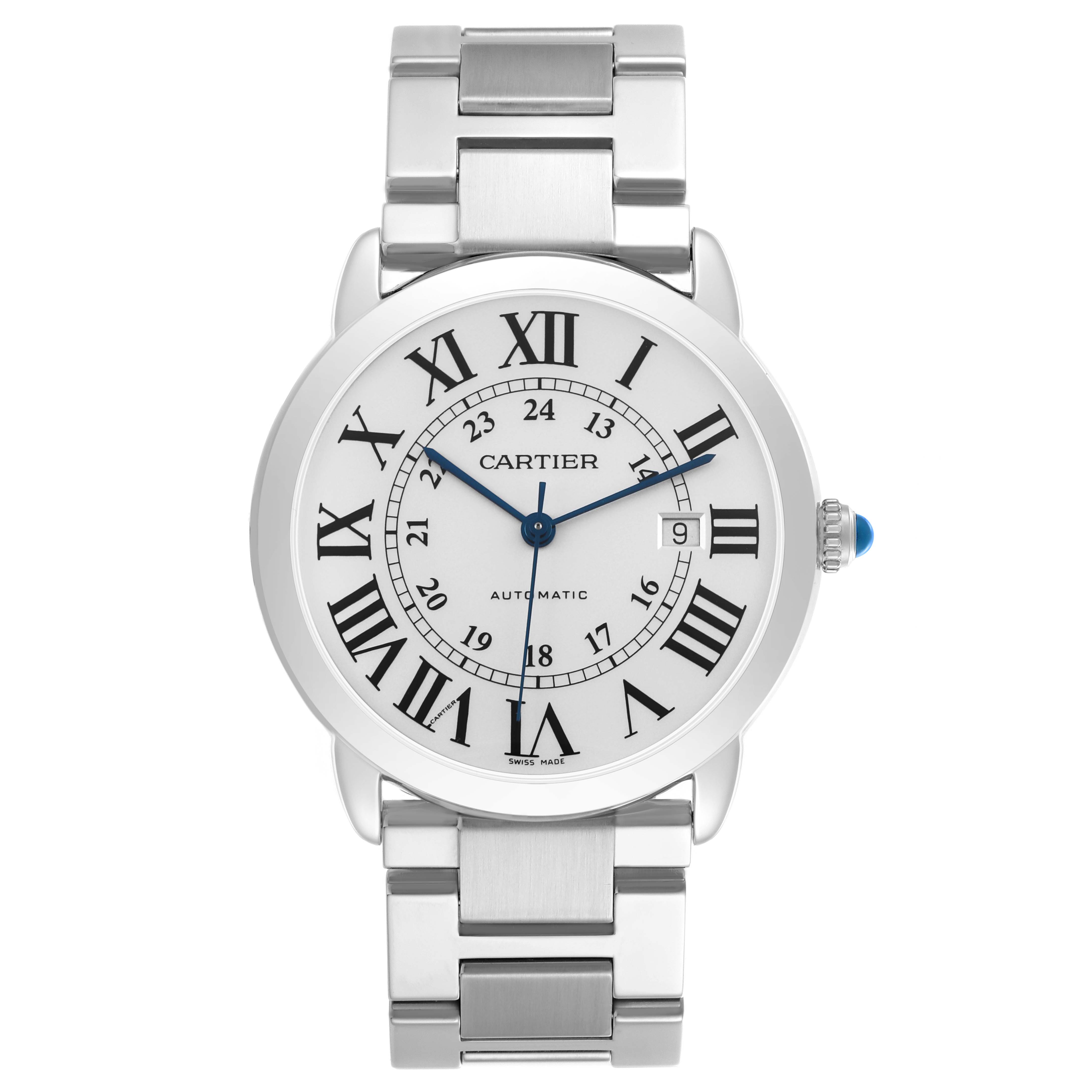 The Cartier Ronde W6701011 Men's Stainless Steel Silver Dial watch is shown from a top-down angle, displaying its face, bezel, crown, and metal bracelet.
