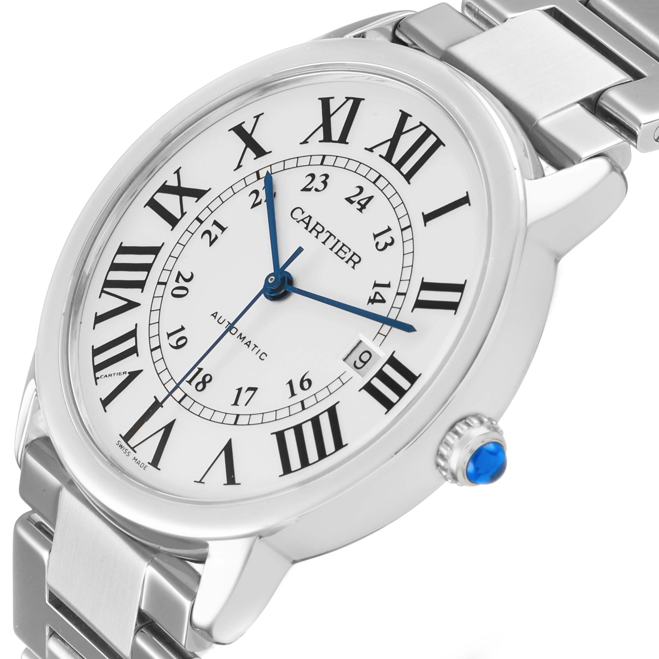 The Cartier Ronde W6701011 Men's Stainless Steel Silver Dial watch is shown at a slight angle, highlighting the dial, Roman numerals, blue hands, and stainless steel bracelet.