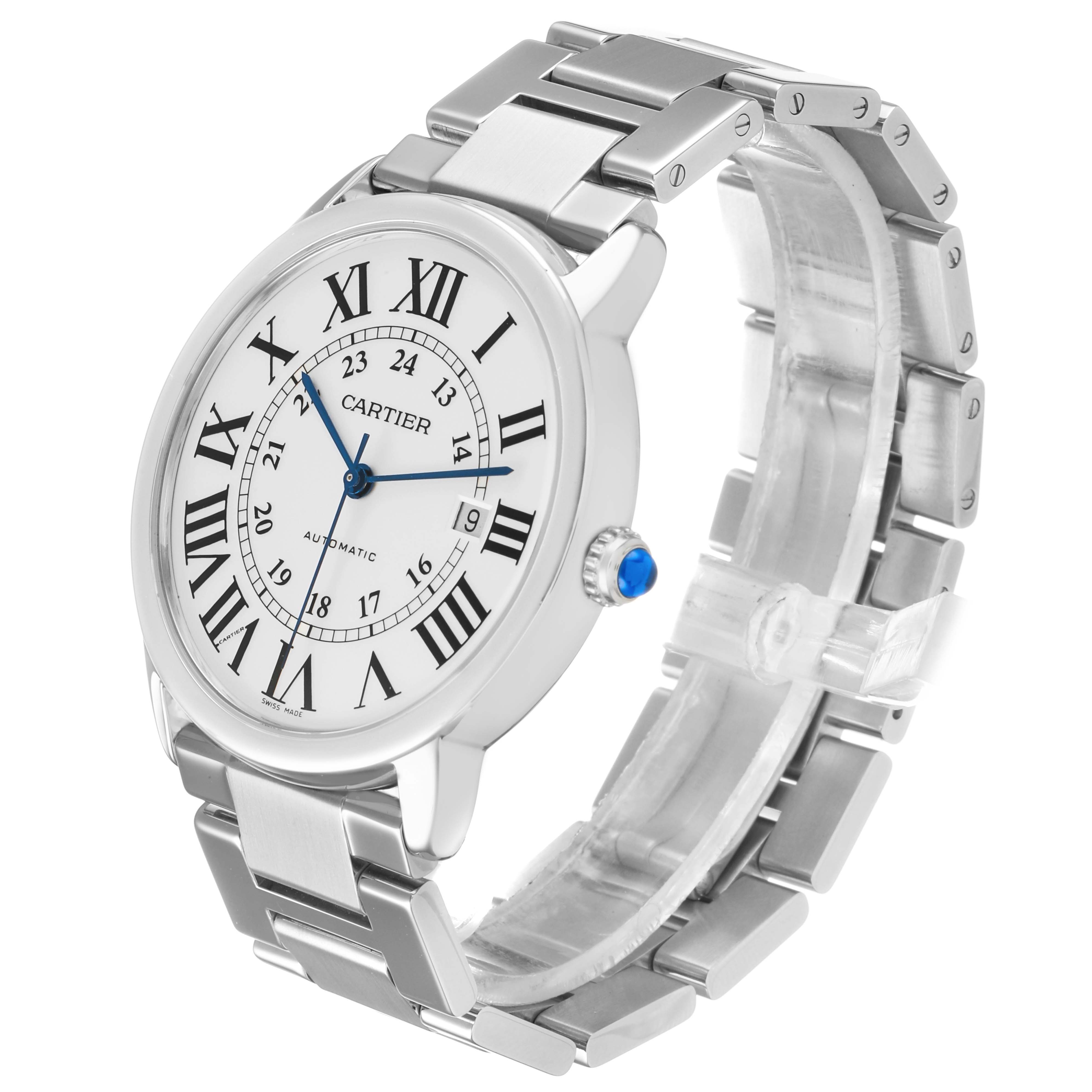 The Cartier Ronde W6701011 Men's Stainless Steel Silver Dial watch is shown at a slight angle, highlighting its face, Roman numerals, bracelet, and crown with blue detail.