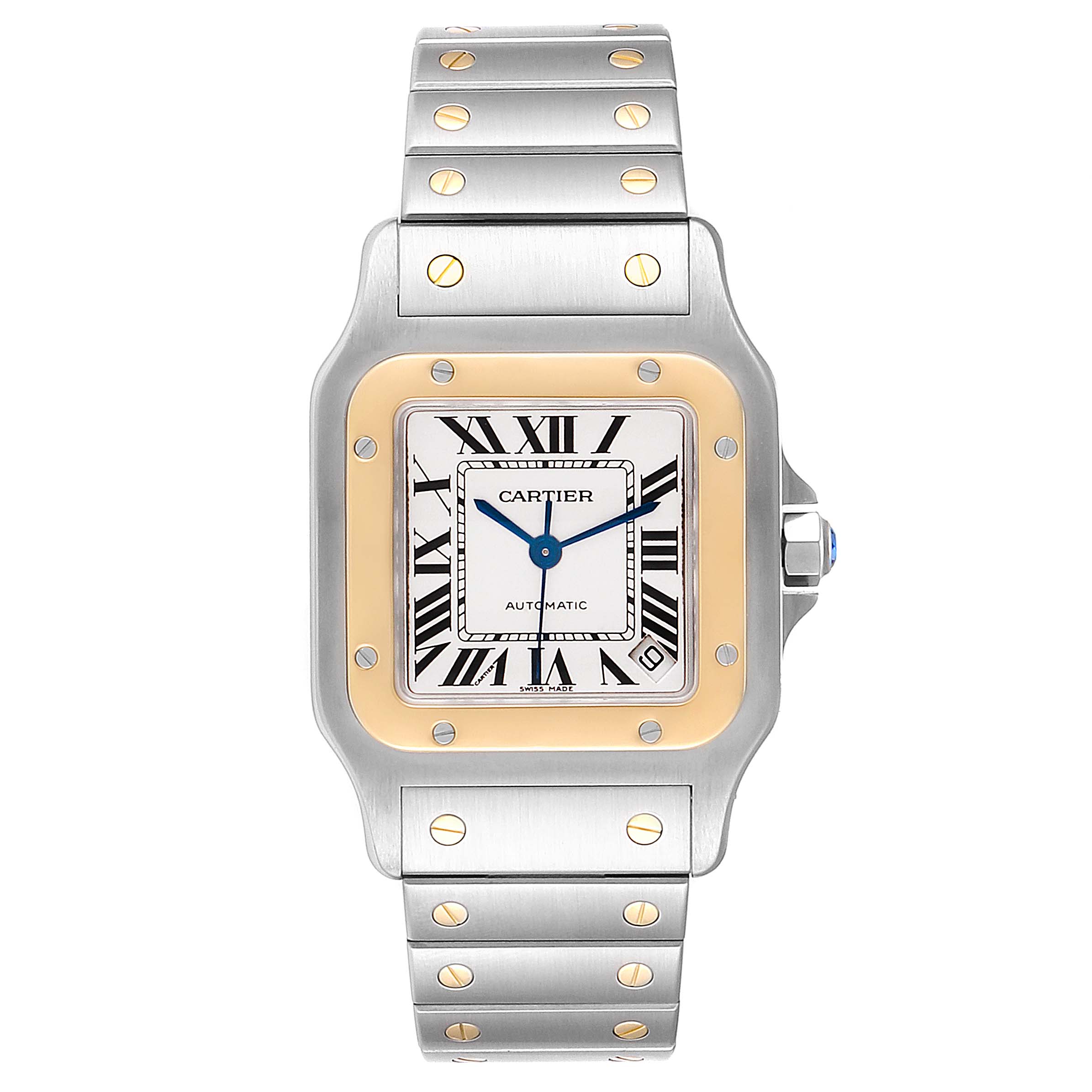 This image shows a front view of the Cartier Santos W20099C4 Men
s Steel and Gold (two tone) Silver Dial W20099C4 Men
s Steel and Gold (two tone) Silver Dial watch, displaying the face, bezel, and bracelet with distinctive screws.