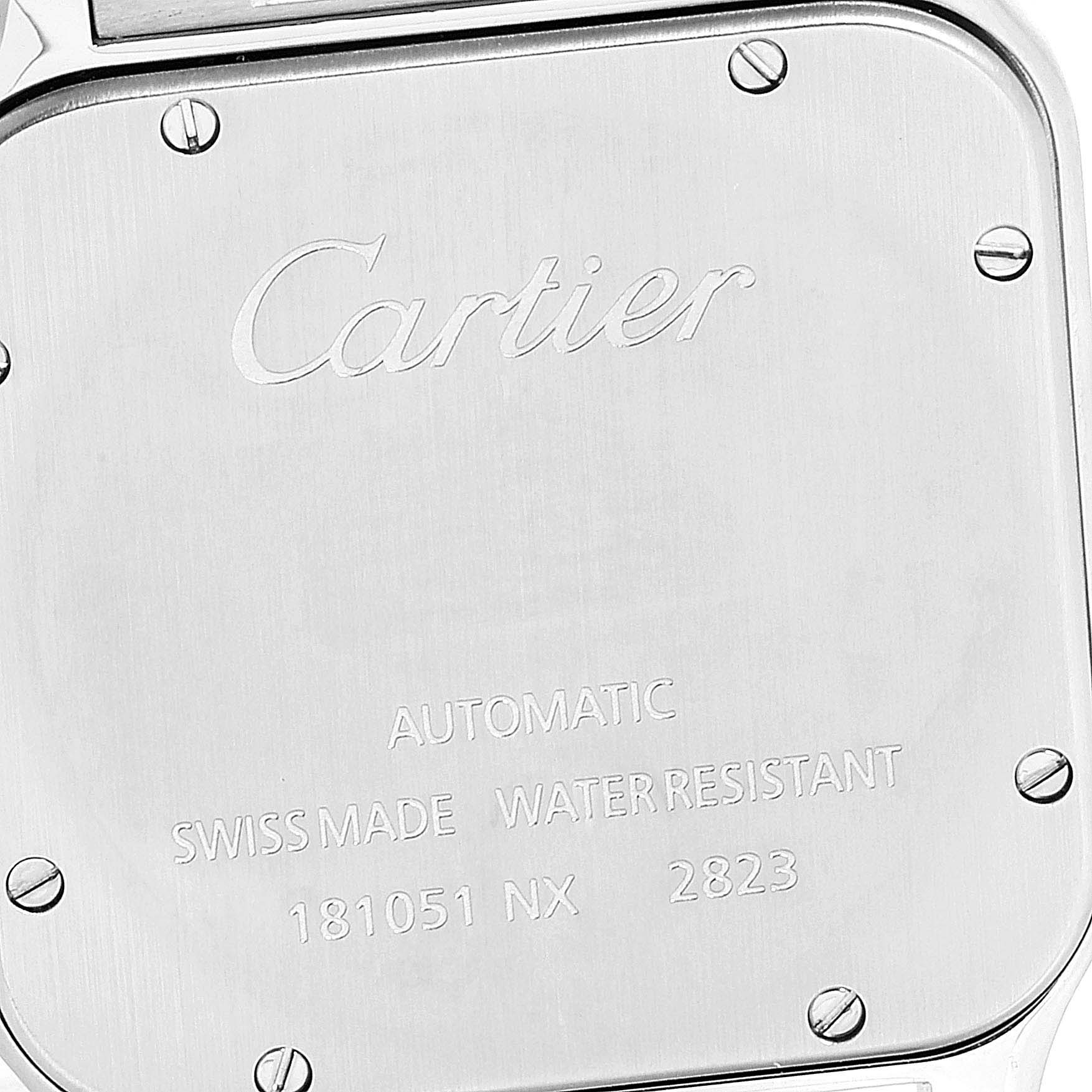 The image shows the back case of the Santos model watch by Cartier at a close-up angle.