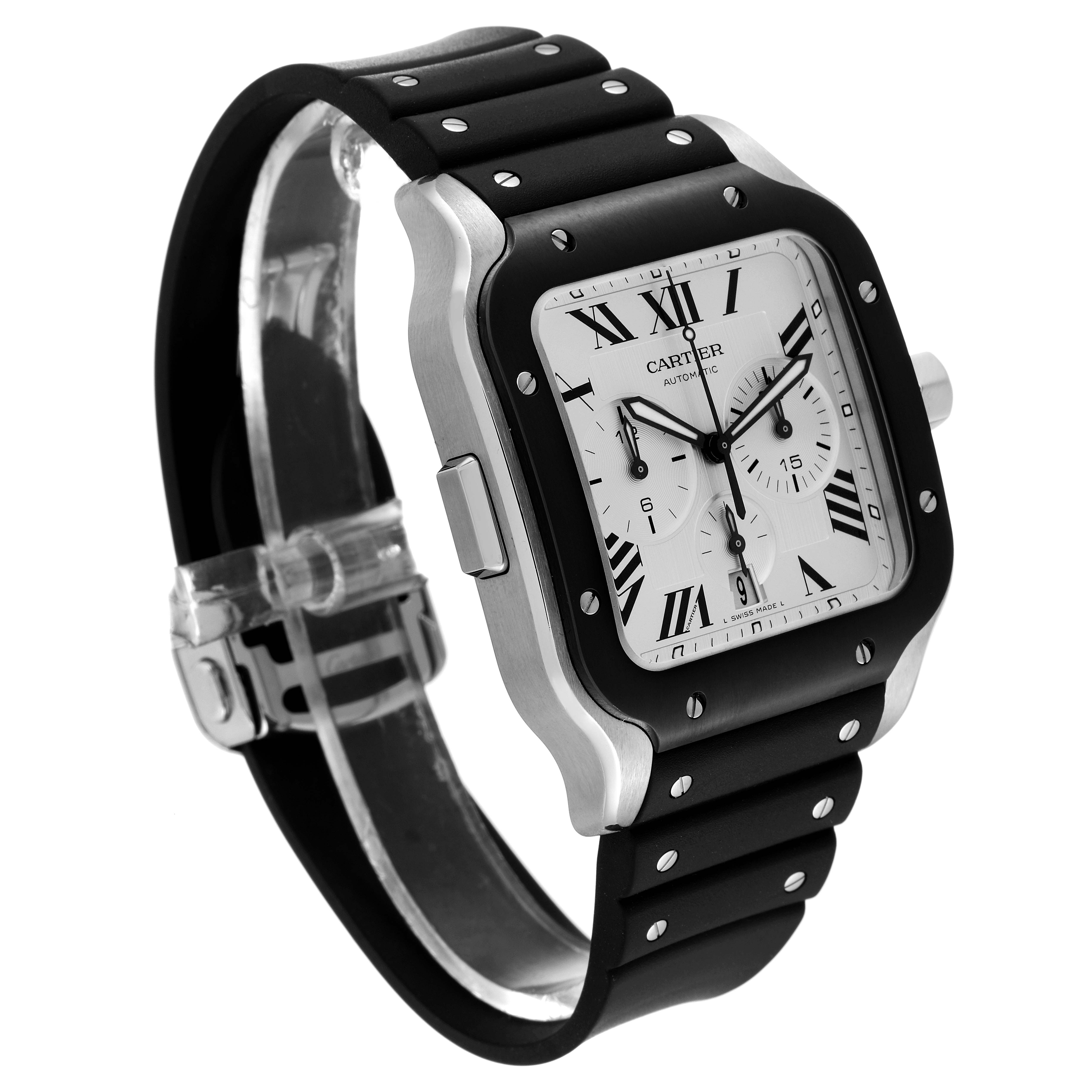 The Cartier Santos WSSA0017 Men
s Stainless Steel Silver Dial WSSA0017 Men
s Stainless Steel Silver Dial watch is shown at a front angle, highlighting its face, bezel, and black strap.
