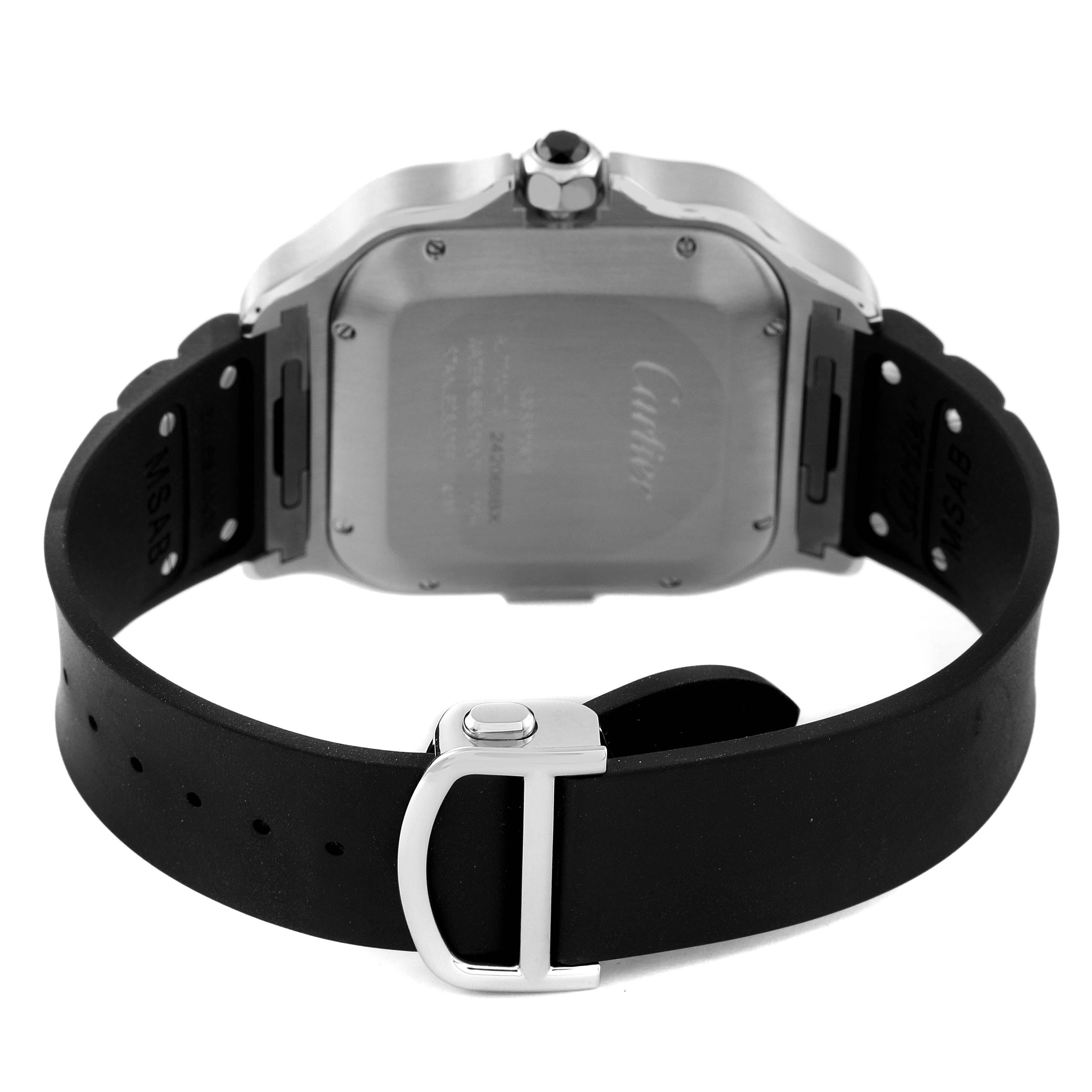 The image shows the back case and straps of a Cartier Santos WSSA0017 Men
s Stainless Steel Silver Dial WSSA0017 Men
s Stainless Steel Silver Dial watch, featuring a black rubber strap and a silver buckle.