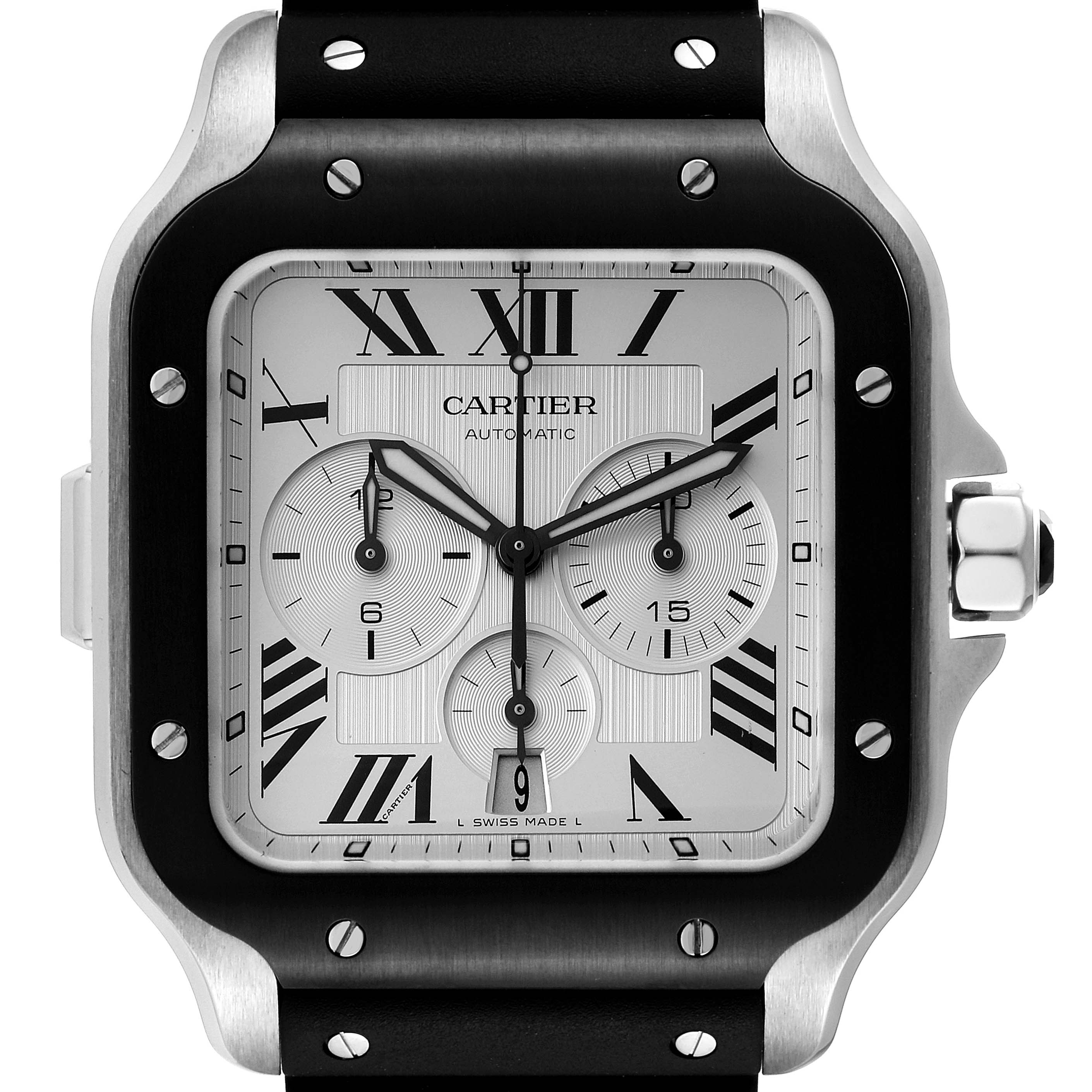 The image shows a frontal view of a Cartier Santos WSSA0017 Men
s Stainless Steel Silver Dial WSSA0017 Men
s Stainless Steel Silver Dial watch, highlighting the bezel, face, and straps.