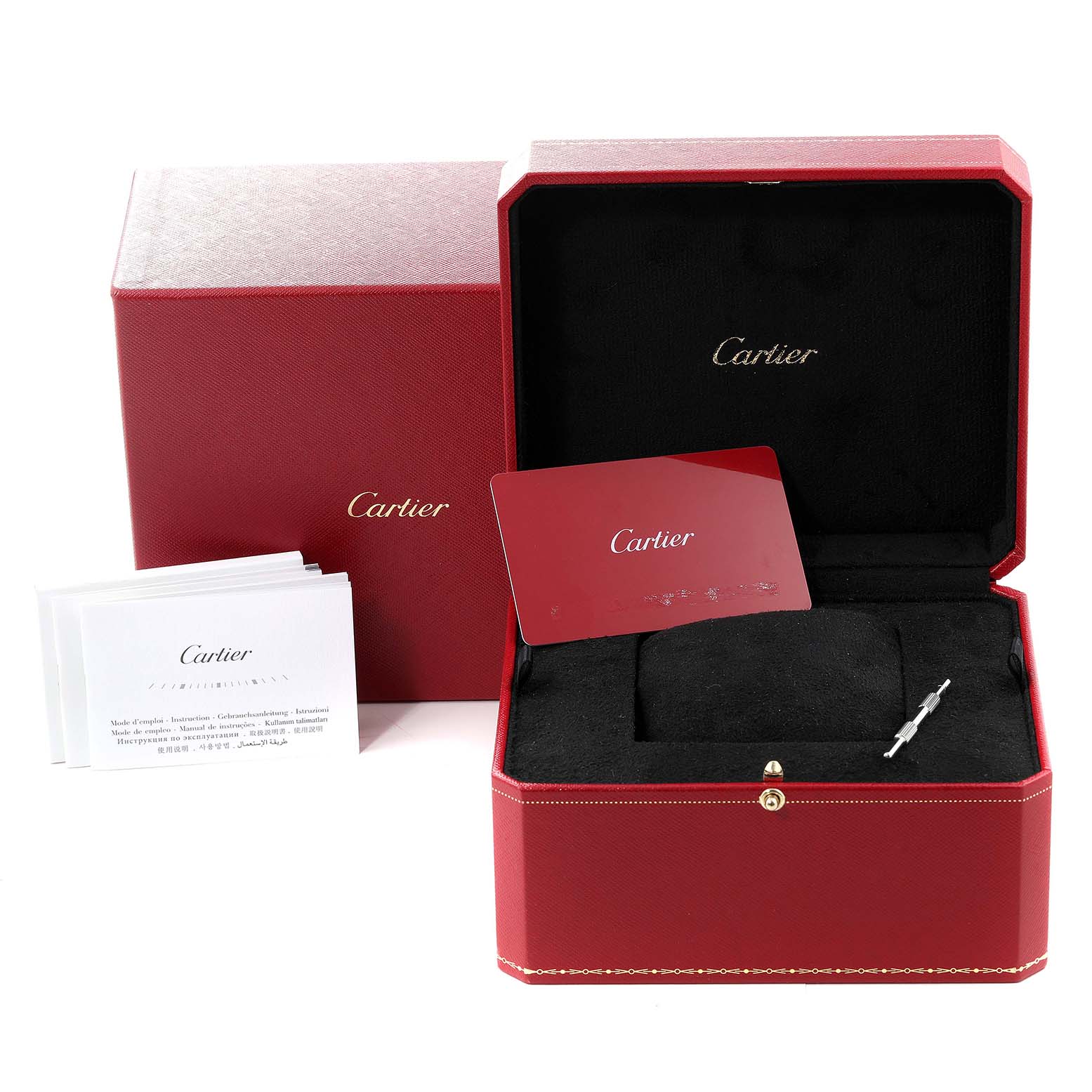 This image shows a Cartier Santos WSSA0017 Men
s Stainless Steel Silver Dial WSSA0017 Men
s Stainless Steel Silver Dial watch box, warranty card, documents, and additional accessories.