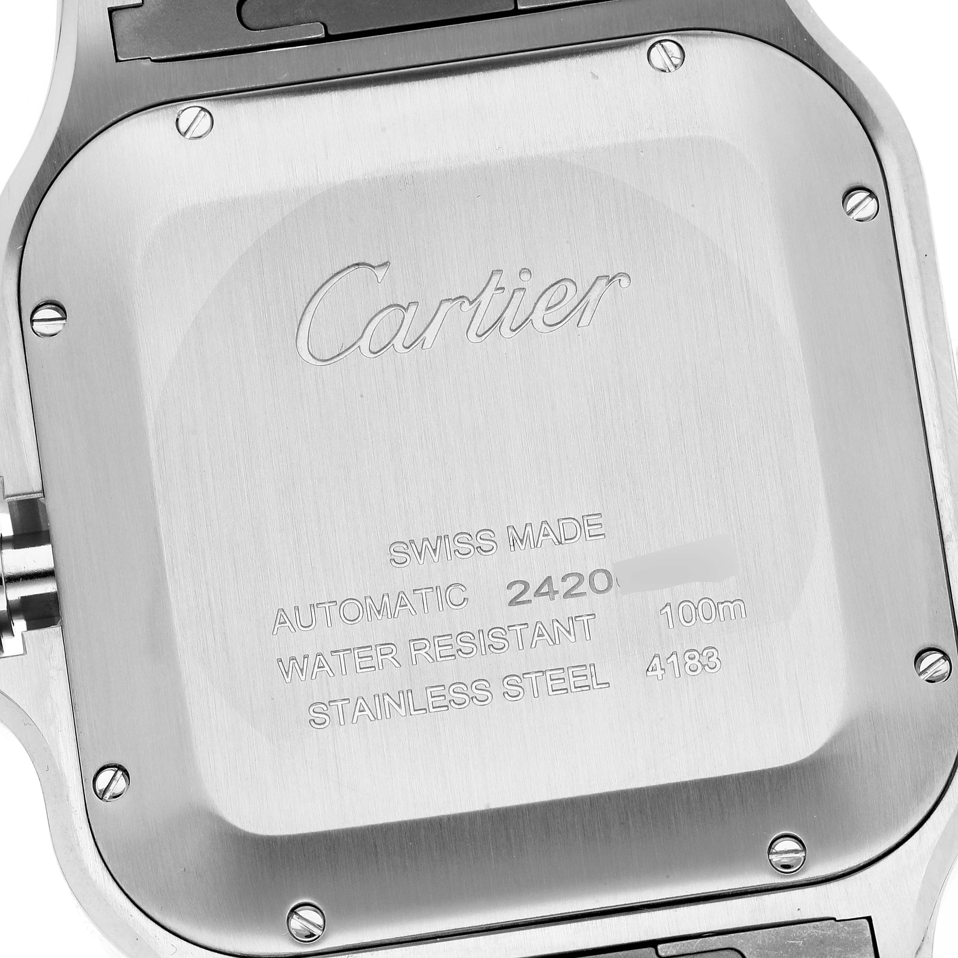 The image shows the back of a Santos model by Cartier, displaying engraving details like "Cartier," "Swiss Made," "Automatic," "Water Resistant," and more.