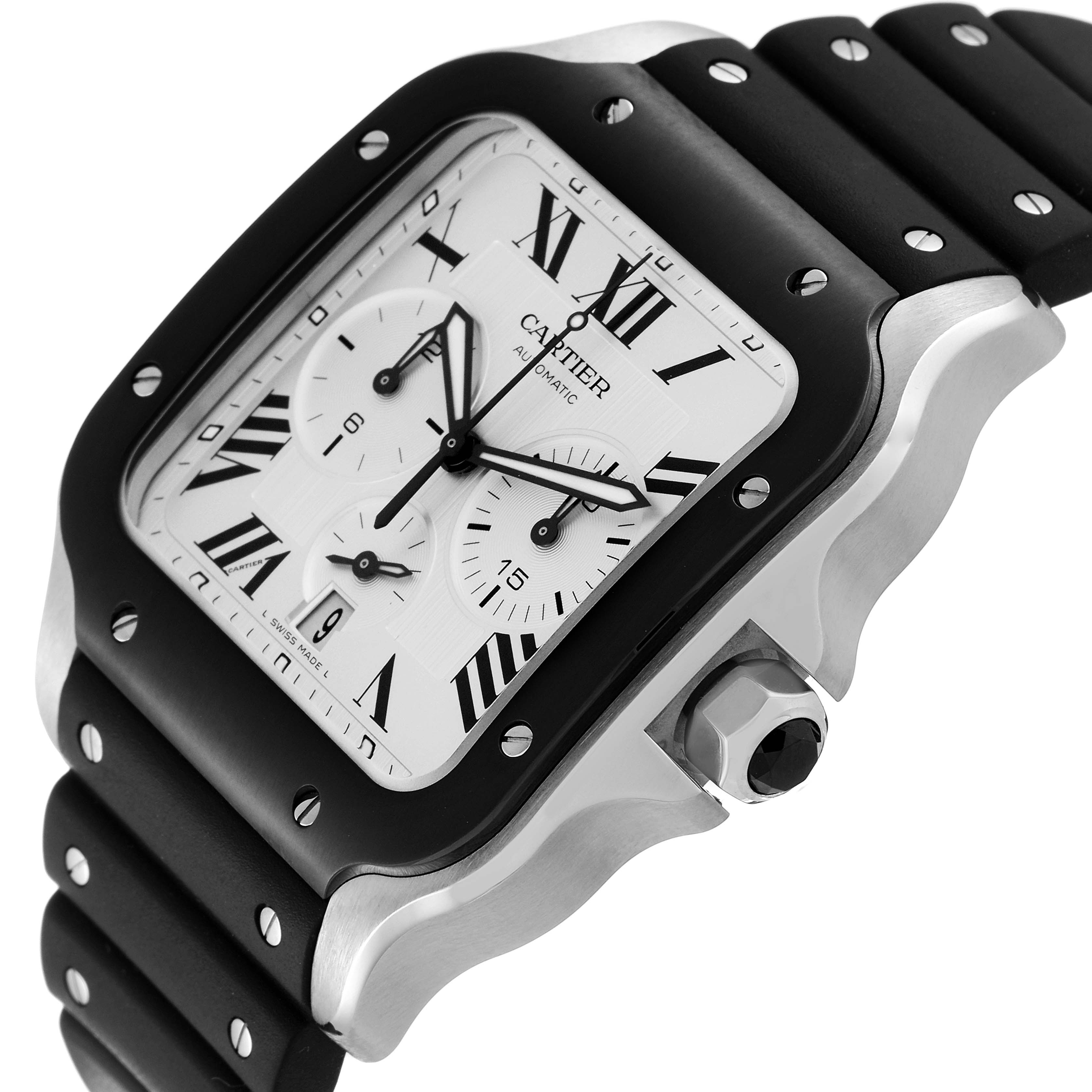 This image shows a close-up 3/4 angle of the Cartier Santos WSSA0017 Men
s Stainless Steel Silver Dial WSSA0017 Men
s Stainless Steel Silver Dial watch, highlighting the dial, bezel, and rubber strap.