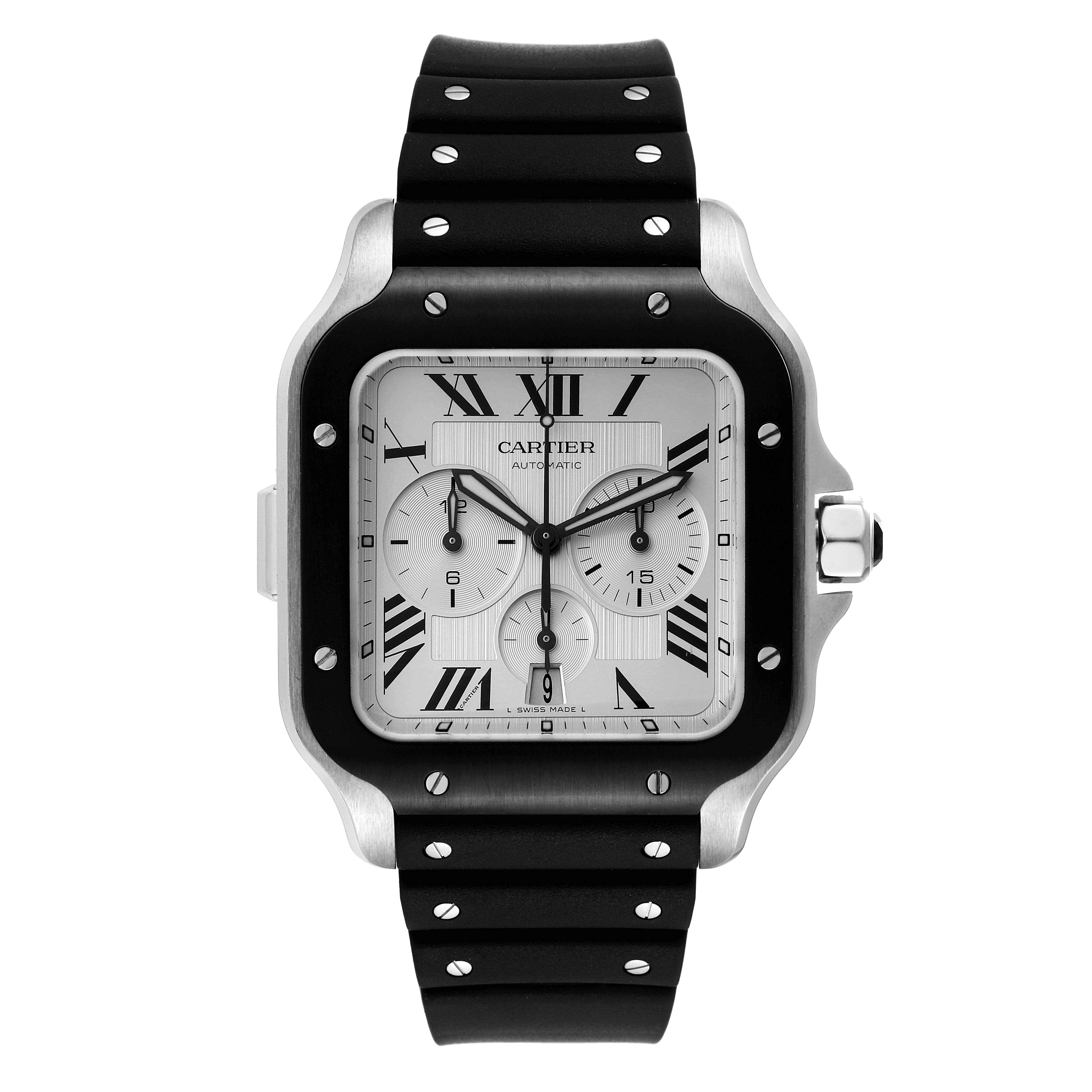 This image shows a frontal view of a Cartier Santos WSSA0017 Men
s Stainless Steel Silver Dial WSSA0017 Men
s Stainless Steel Silver Dial model watch, highlighting its dial, bezel, and strap.