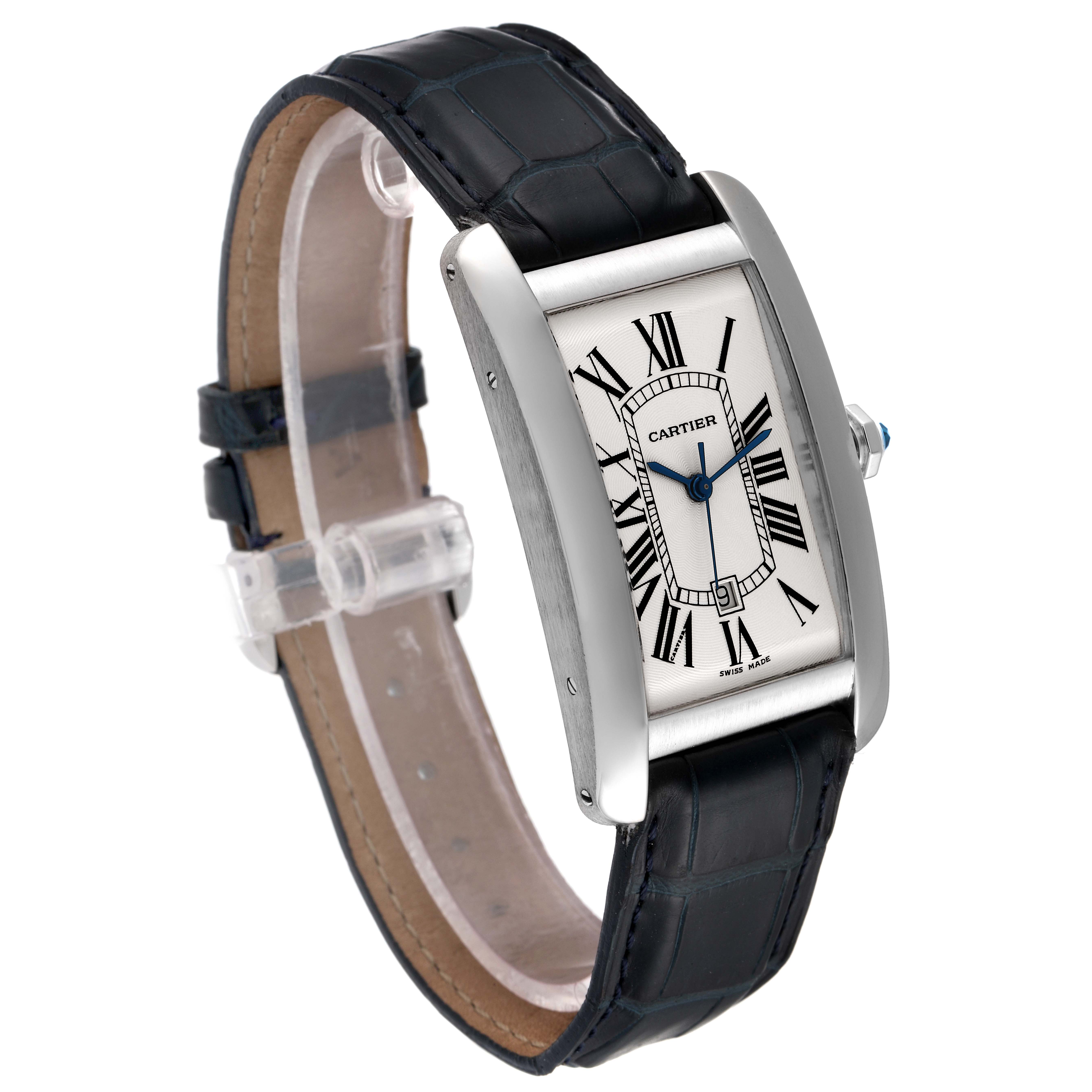 This image shows a side angle view of the Tank Americaine watch by Cartier, featuring its rectangular face and black leather strap.