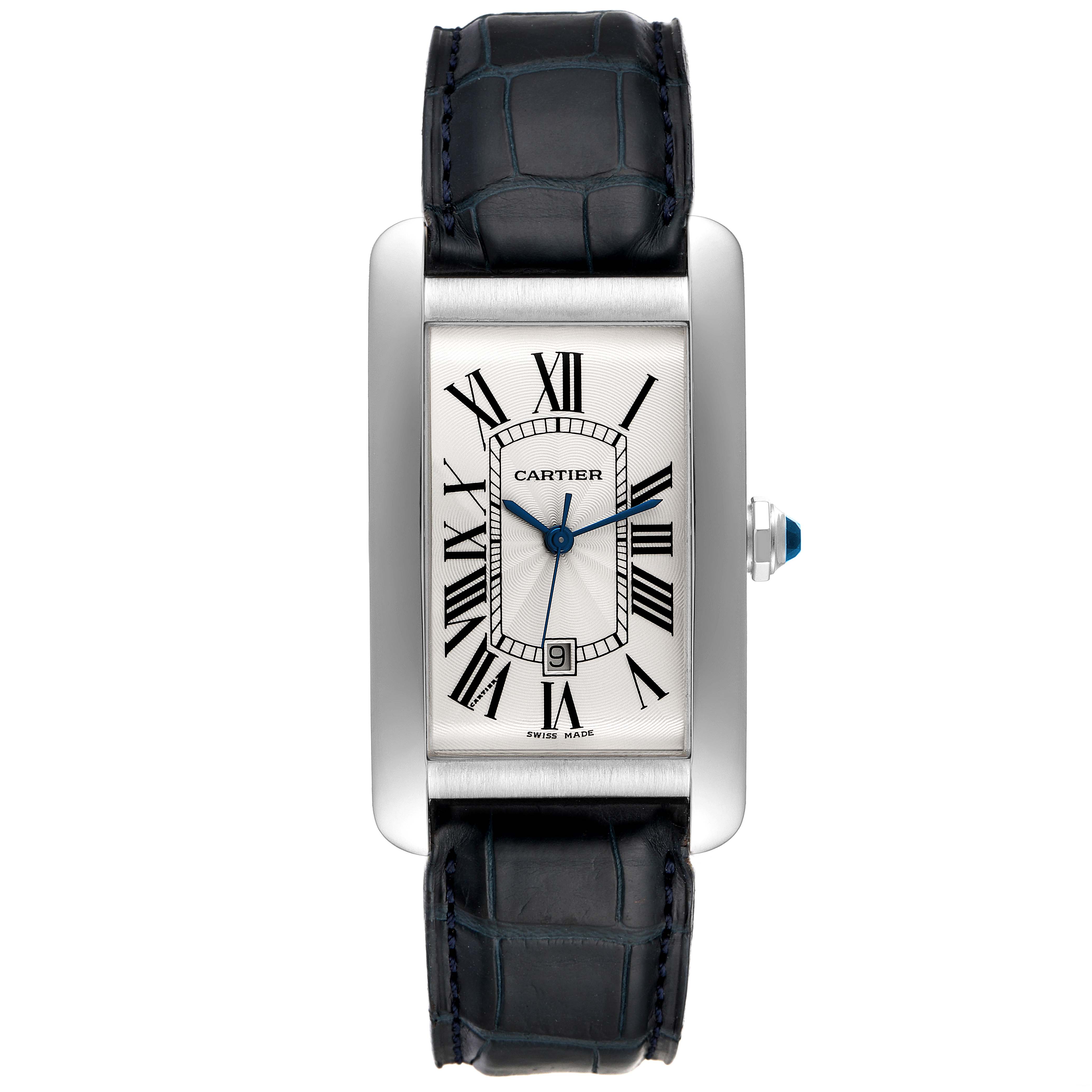The Cartier Tank Americaine W2603256 Men's White Gold Silver Dial W2603256 Men's White Gold Silver Dial watch is shown from a front view, highlighting its rectangular dial, leather strap, and Roman numerals.