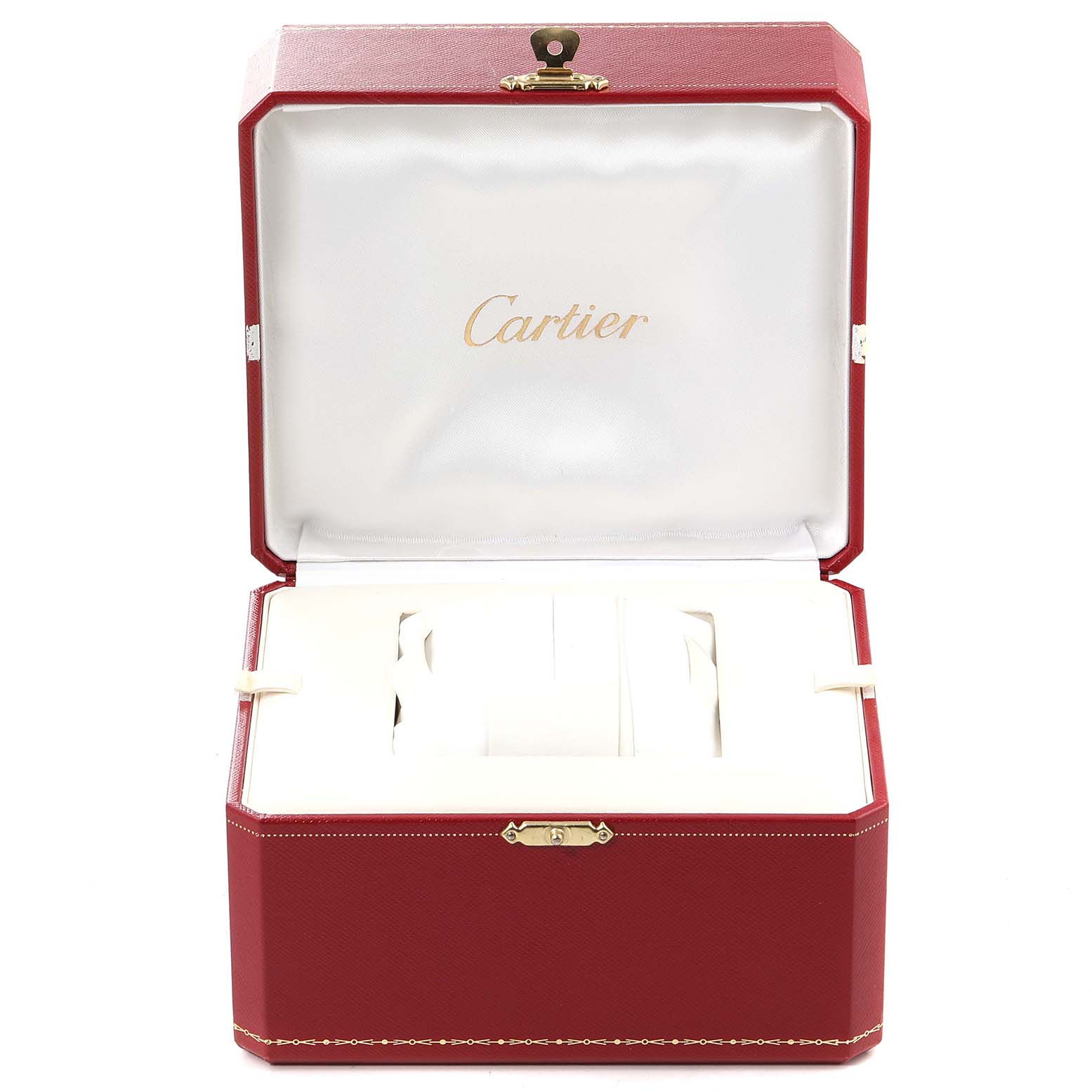 The image shows a red Cartier watch box, for the Tank Americaine model, with its lid open revealing white interior padding.