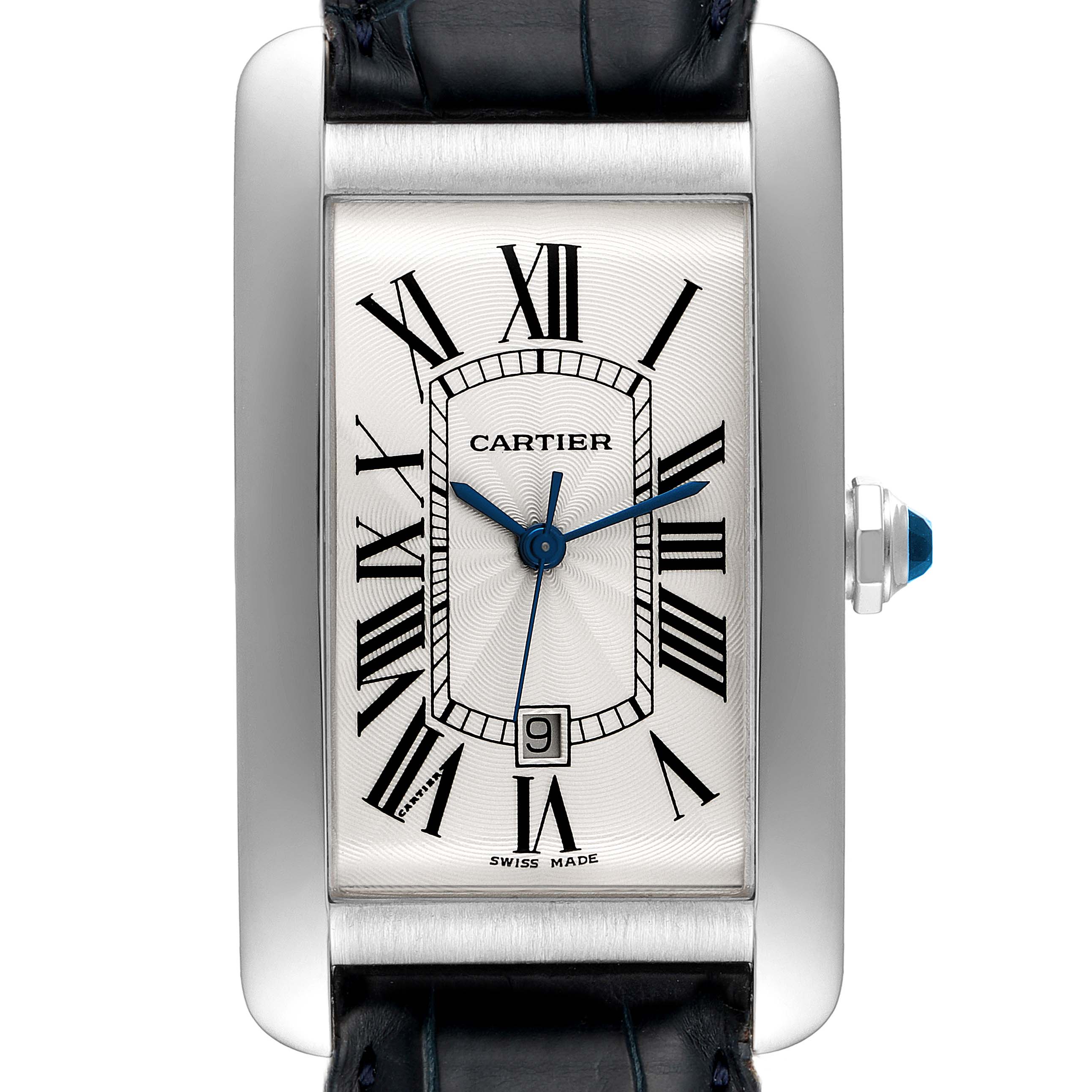 This is a close-up view of the Cartier Tank Americaine W2603256 Men's White Gold Silver Dial W2603256 Men's White Gold Silver Dial watch, highlighting the rectangular face, Roman numerals, and blue hands.
