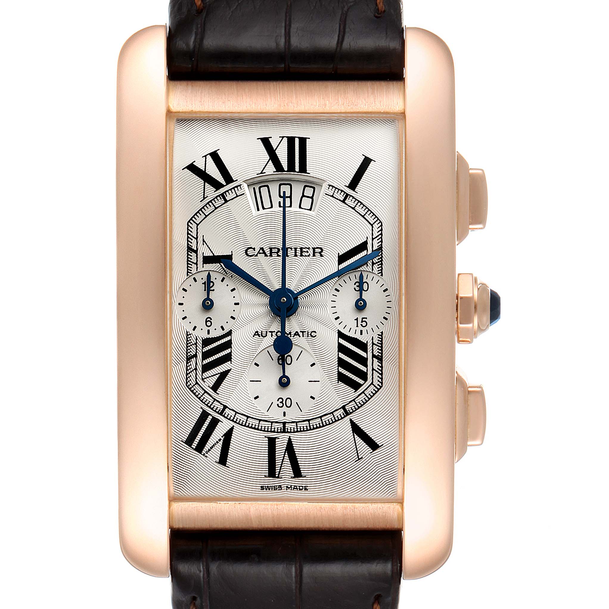 This is a front angle view of a Cartier Tank Americaine W2610751 Men
s Rose Gold Silver Dial W2610751 Men
s Rose Gold Silver Dial watch, showing the dial, Roman numerals, and part of the leather strap.