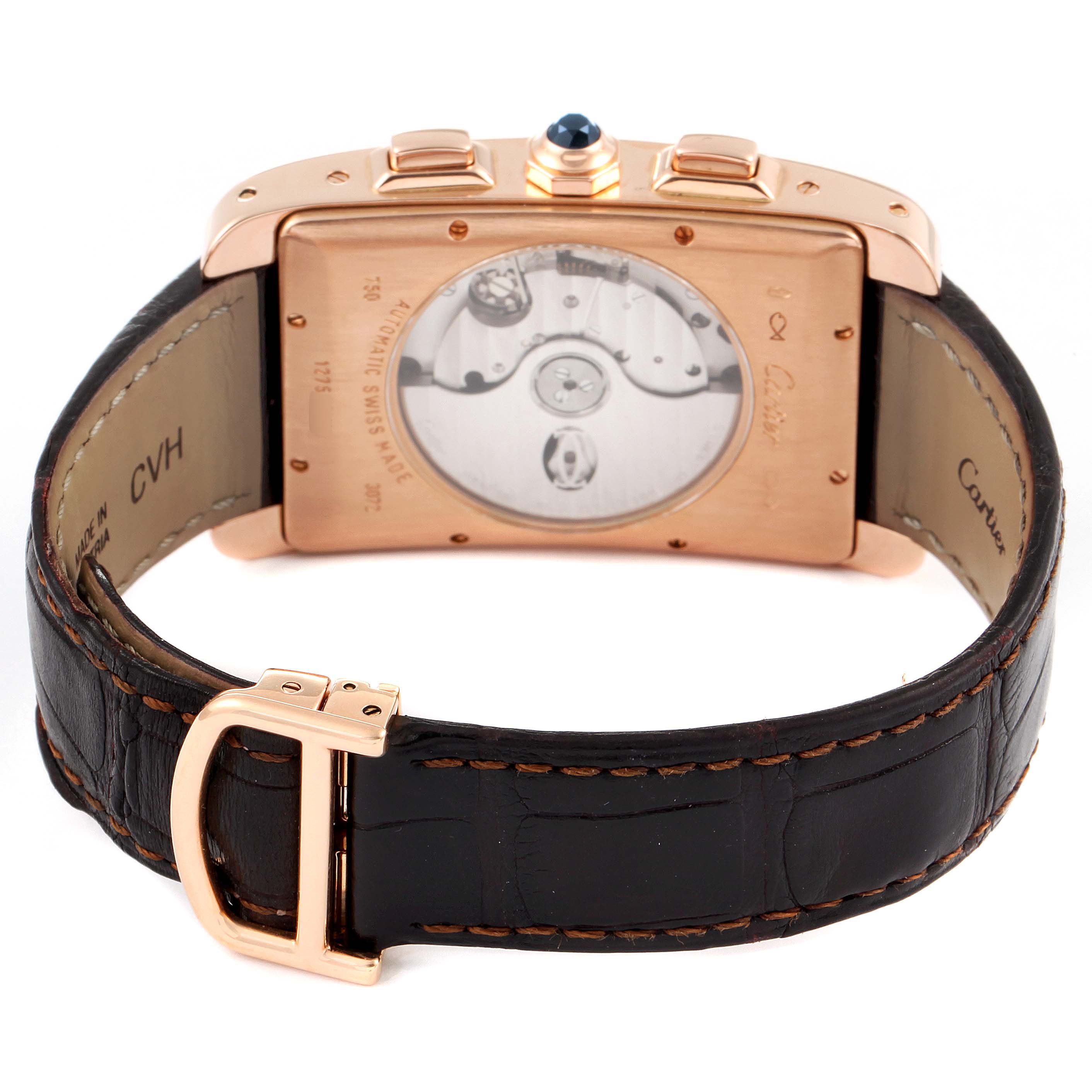 The image shows a rear view of the Cartier Tank Americaine W2610751 Men
s Rose Gold Silver Dial W2610751 Men
s Rose Gold Silver Dial watch, highlighting the case back and black leather strap with a buckle.