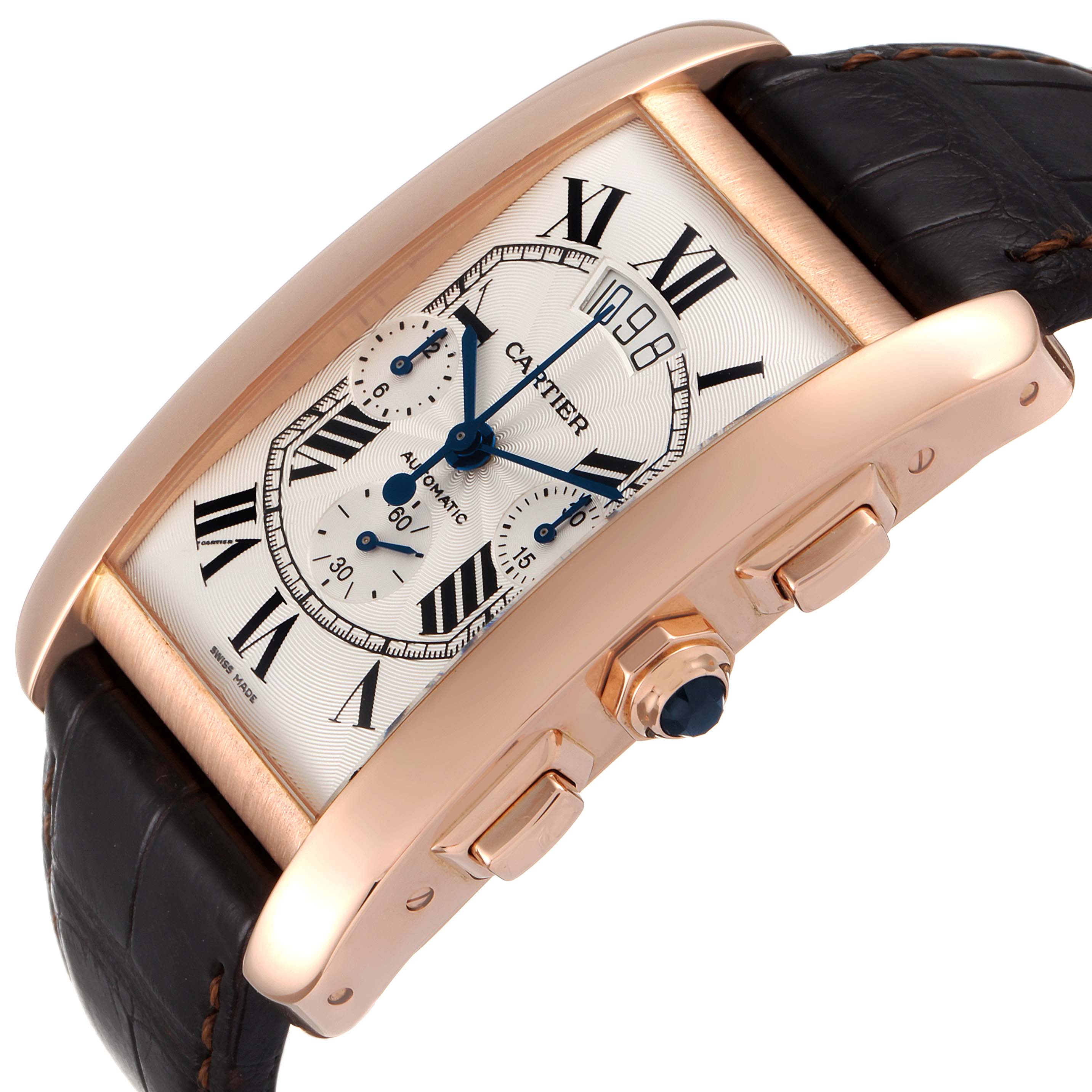 The image shows a Cartier Tank Américaine watch from an angled side view, highlighting the dial, crown, pushers, and part of the strap.