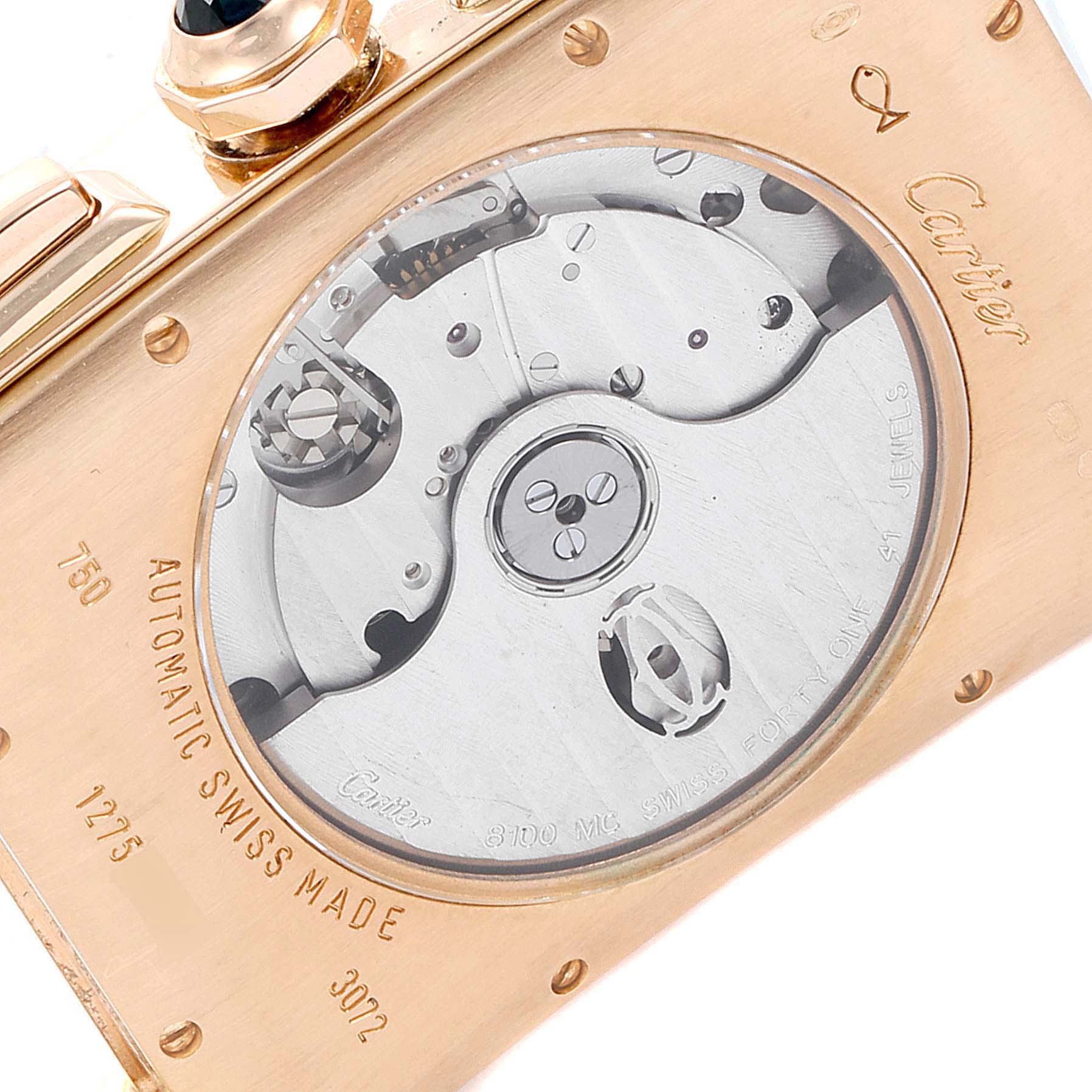 The image shows the back side of the Cartier Tank Americaine W2610751 Men
s Rose Gold Silver Dial W2610751 Men
s Rose Gold Silver Dial watch, highlighting its automatic movement and intricate mechanics.