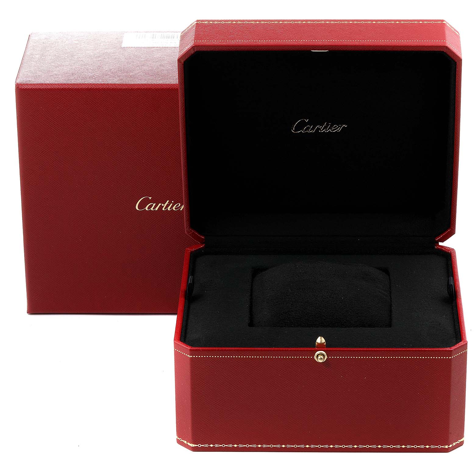 The image shows an open red Cartier watch box and outer packaging for the Tank Américaine model.