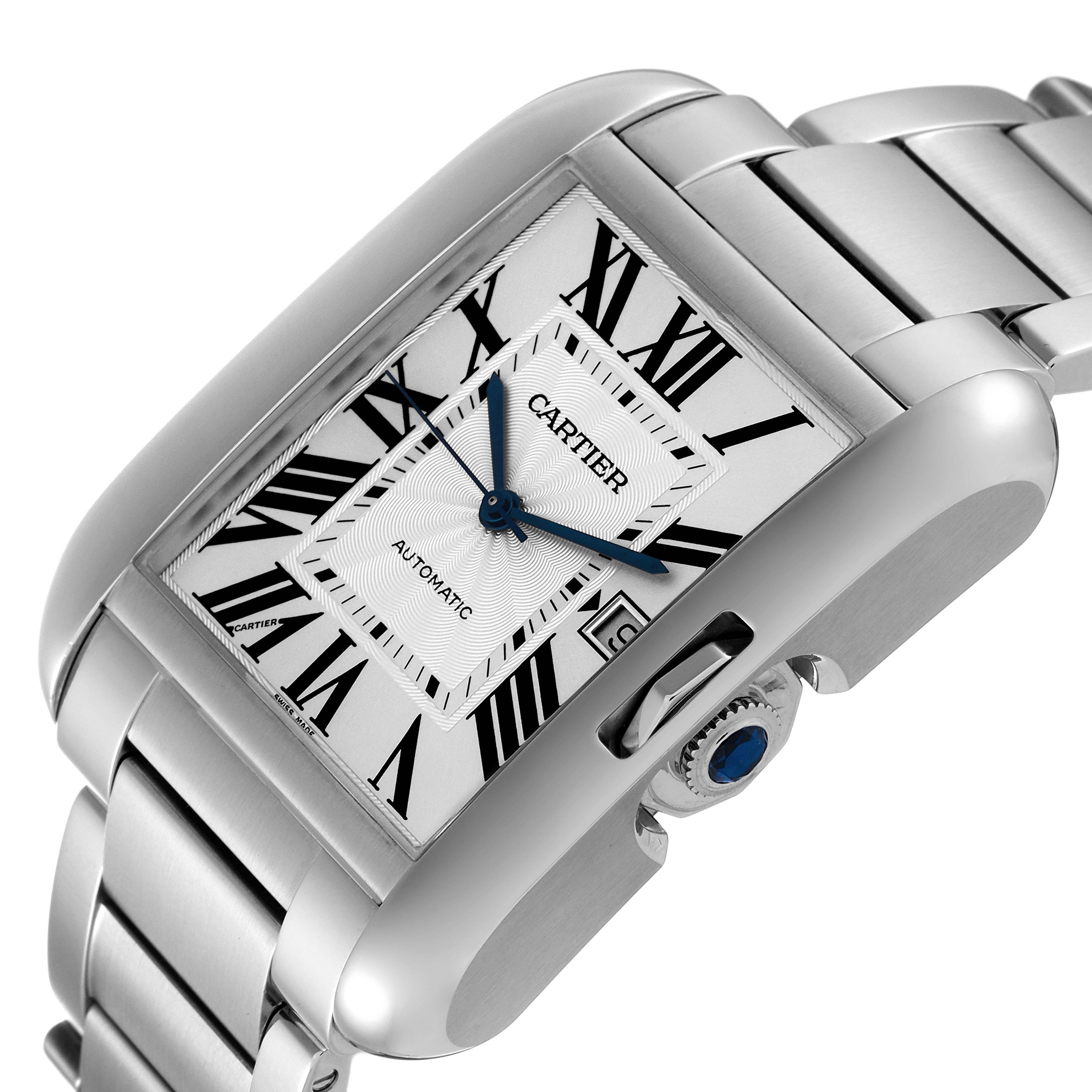 This image shows a close-up angle of the Cartier Tank Anglaise W5310008 Men's Stainless Steel Silver Dial W5310008 Men's Stainless Steel Silver Dial watch, highlighting the dial, hands, crown, and part of the bracelet.