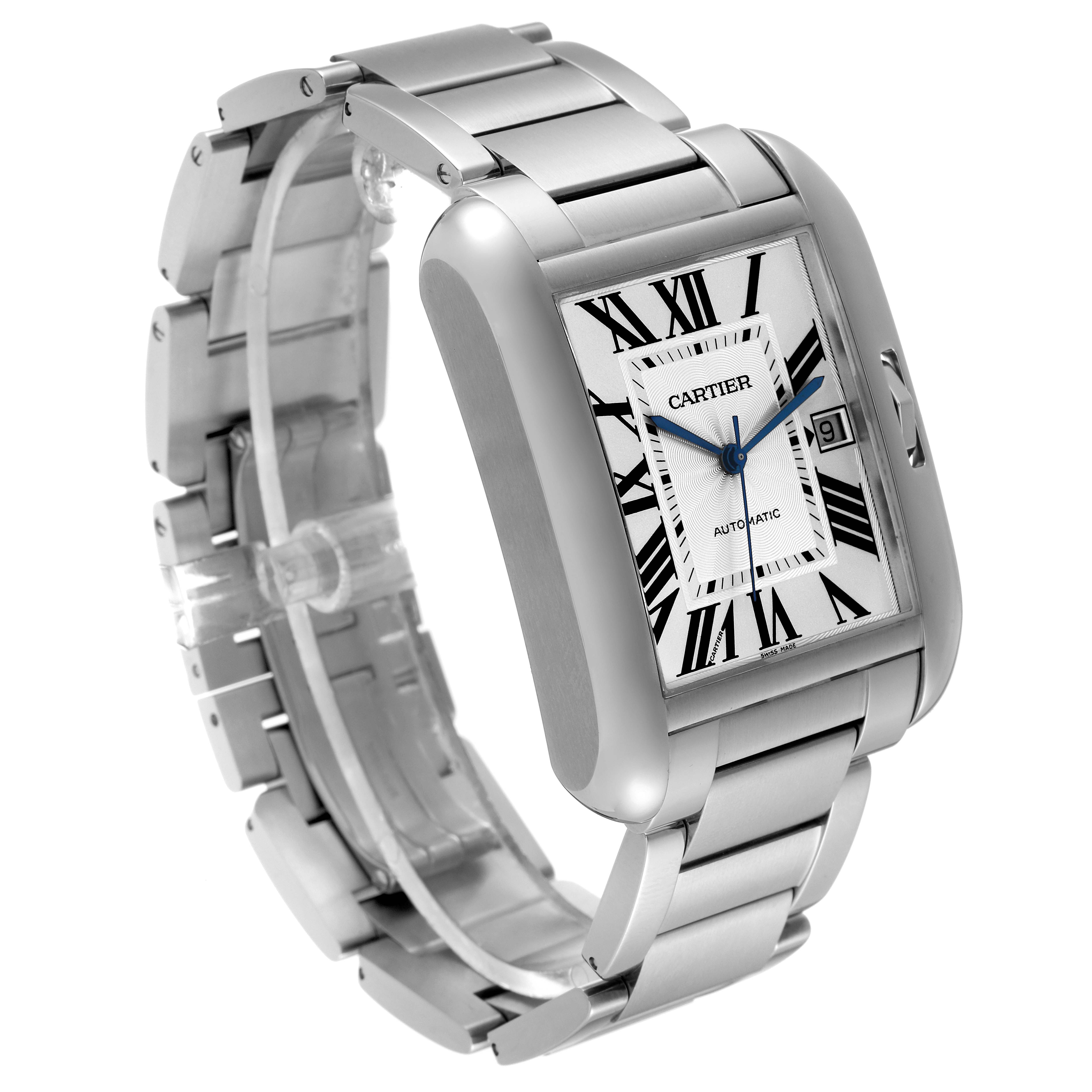 This is a Cartier Tank Anglaise W5310008 Men's Stainless Steel Silver Dial W5310008 Men's Stainless Steel Silver Dial watch, shown at an angled side view, displaying the bracelet, dial, and case.