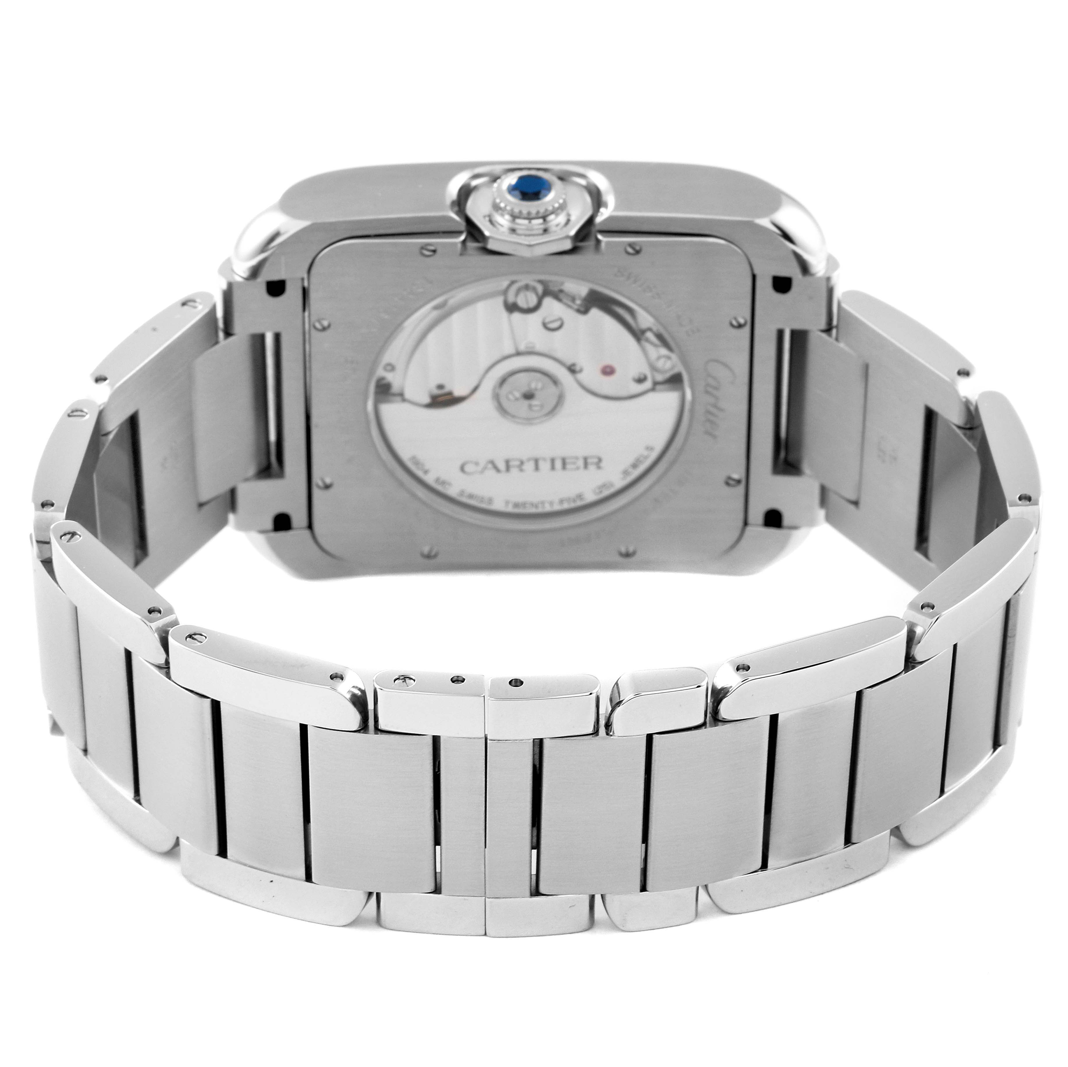This image shows the back case and bracelet of a Cartier Tank Anglaise W5310008 Men's Stainless Steel Silver Dial W5310008 Men's Stainless Steel Silver Dial watch.