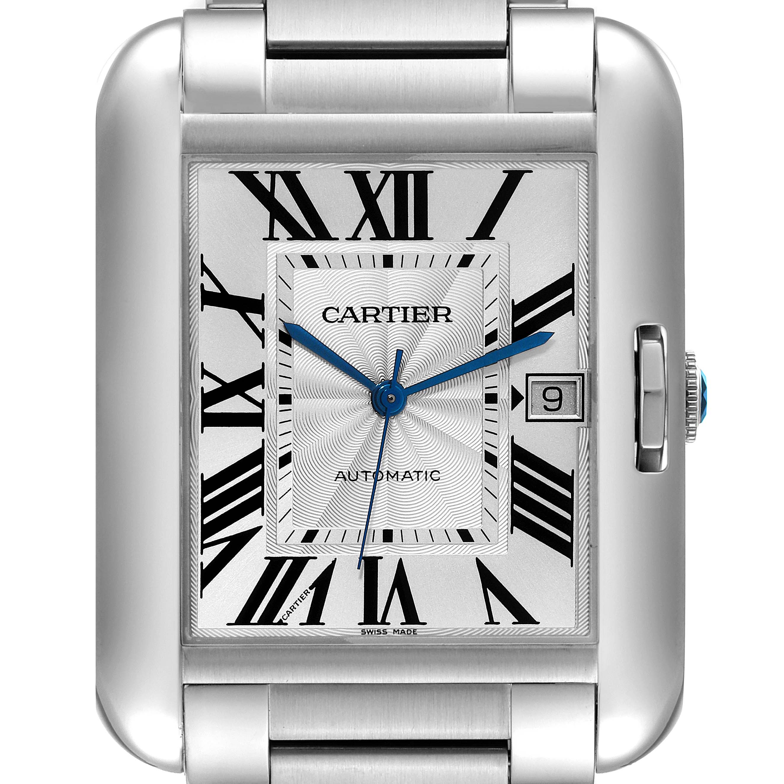 The image shows a frontal close-up of a Cartier Tank Anglaise W5310008 Men's Stainless Steel Silver Dial W5310008 Men's Stainless Steel Silver Dial watch, highlighting the dial, crown, and part of the bracelet.