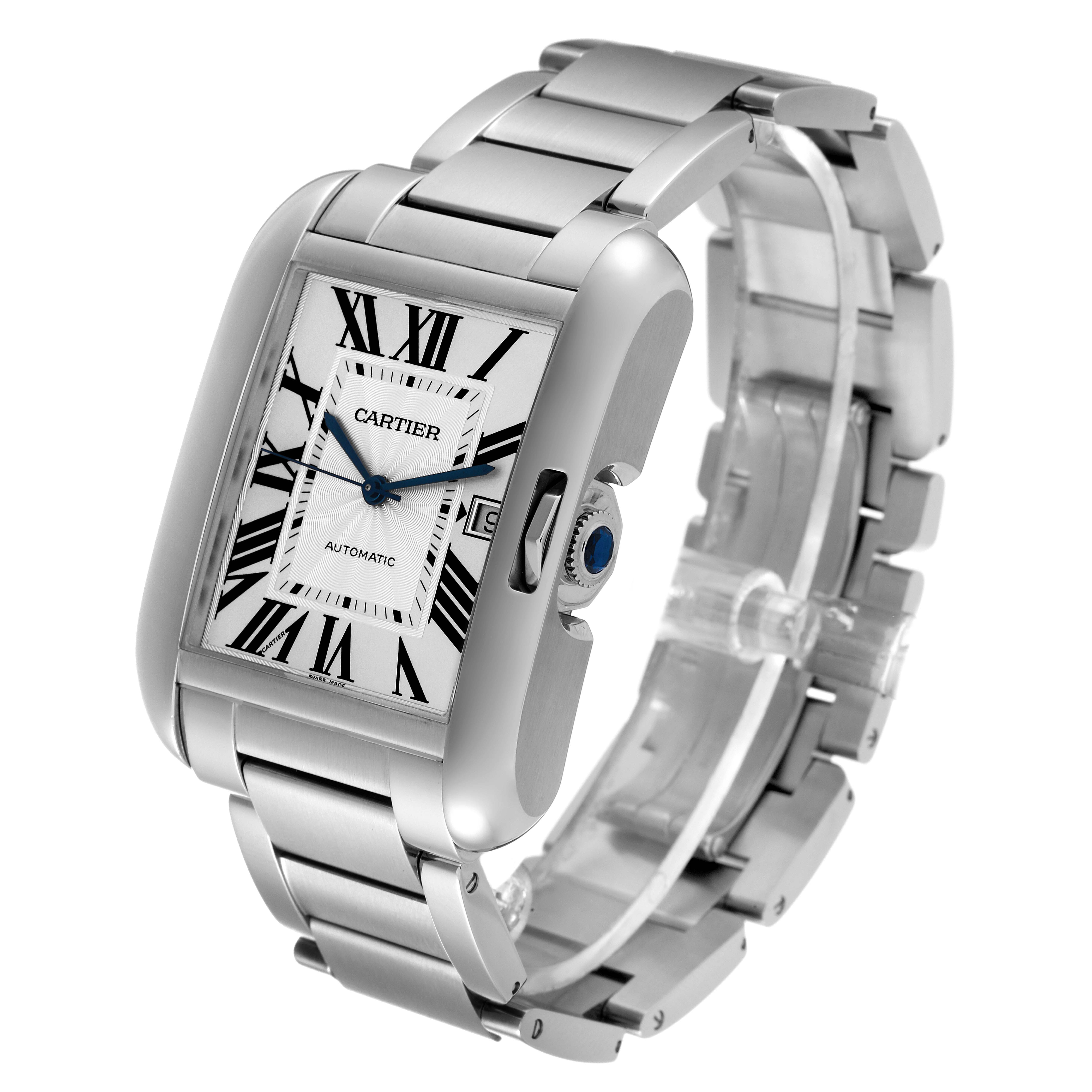 The image shows a Cartier Tank Anglaise W5310008 Men's Stainless Steel Silver Dial W5310008 Men's Stainless Steel Silver Dial watch at a three-quarter angle, highlighting its face, bezel, crown, and bracelet.
