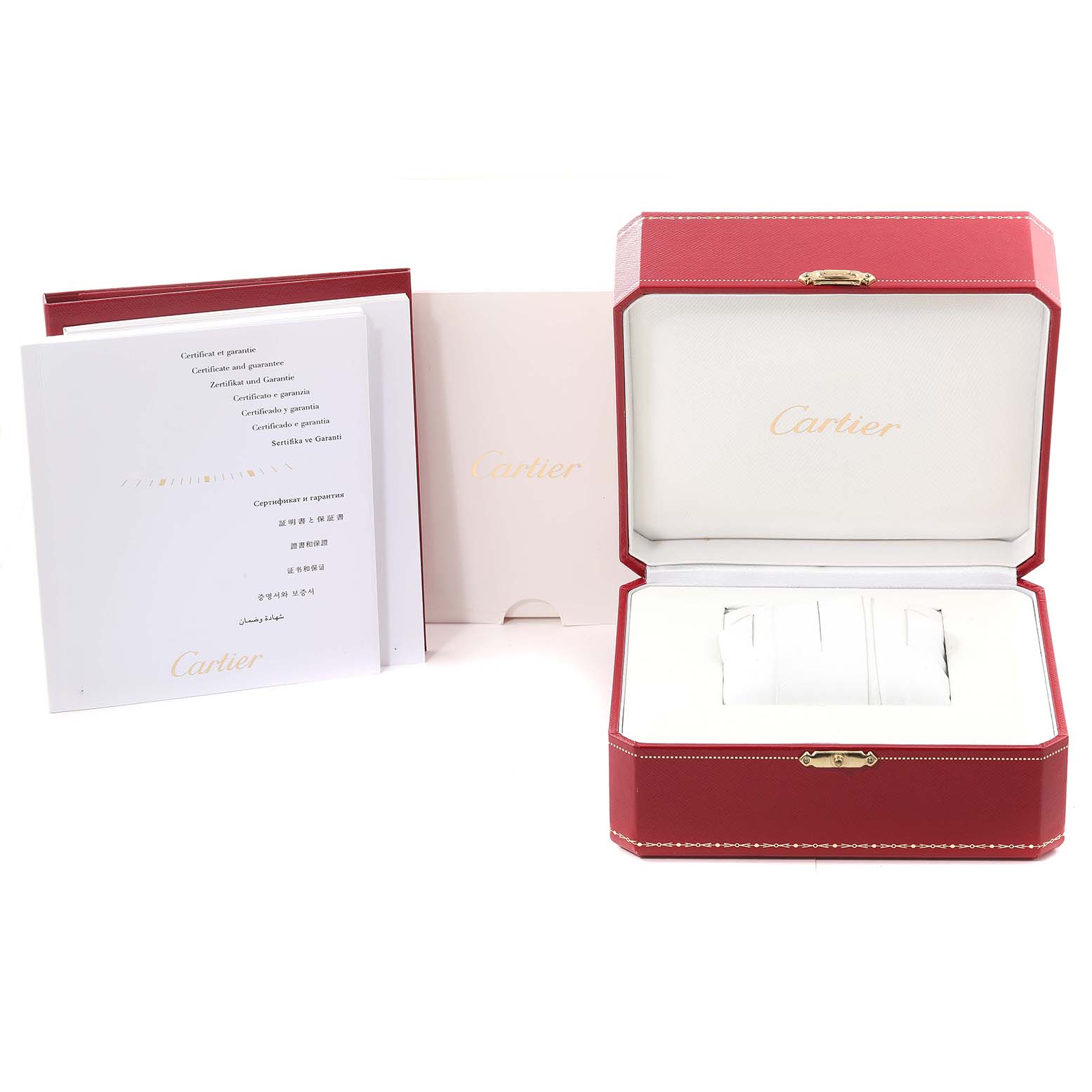 The image shows an open red Cartier box and documents for the Tank Anglaise model watch from Cartier.