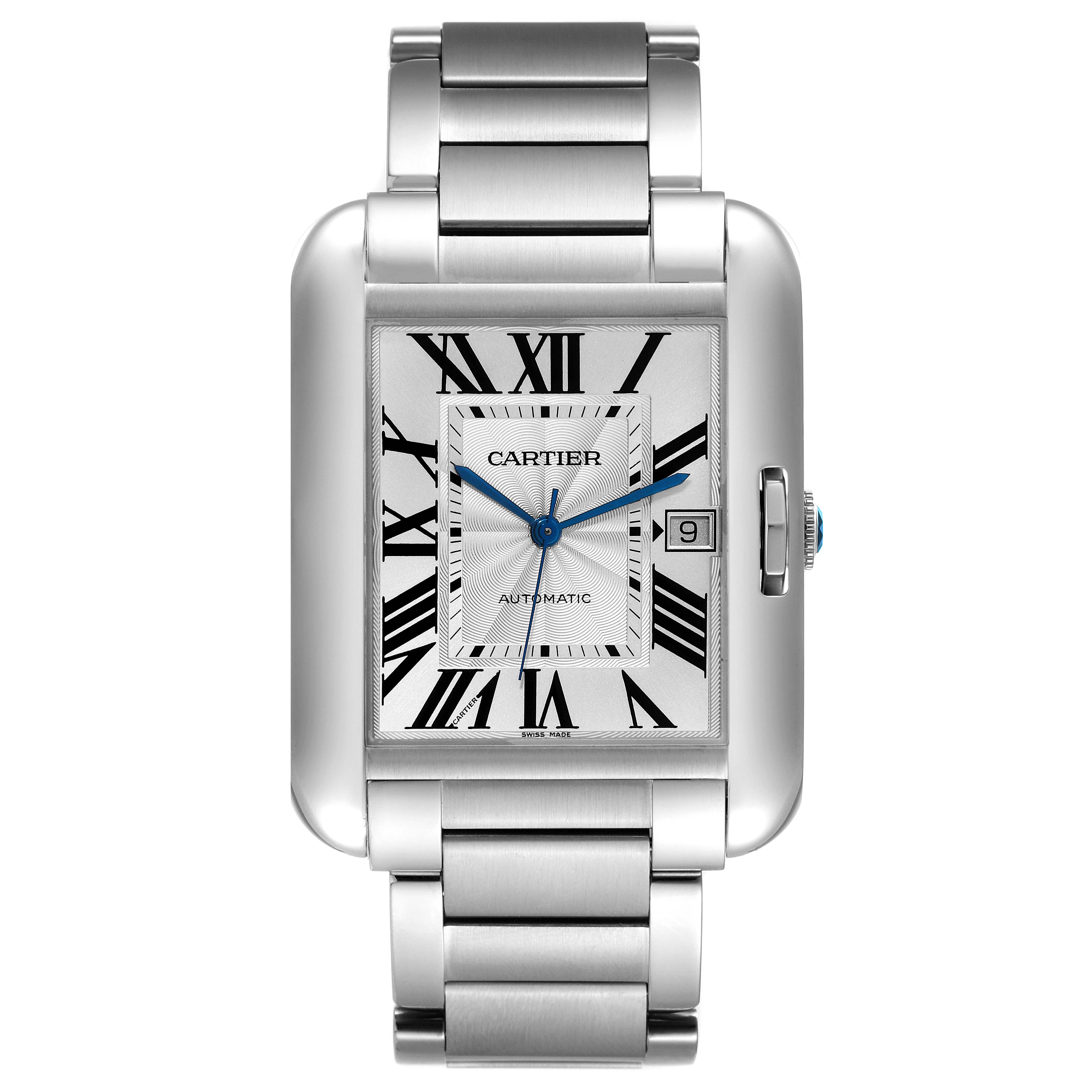 The image shows a front view of the Cartier Tank Anglaise W5310008 Men's Stainless Steel Silver Dial W5310008 Men's Stainless Steel Silver Dial watch, displaying its rectangular face and metal bracelet.