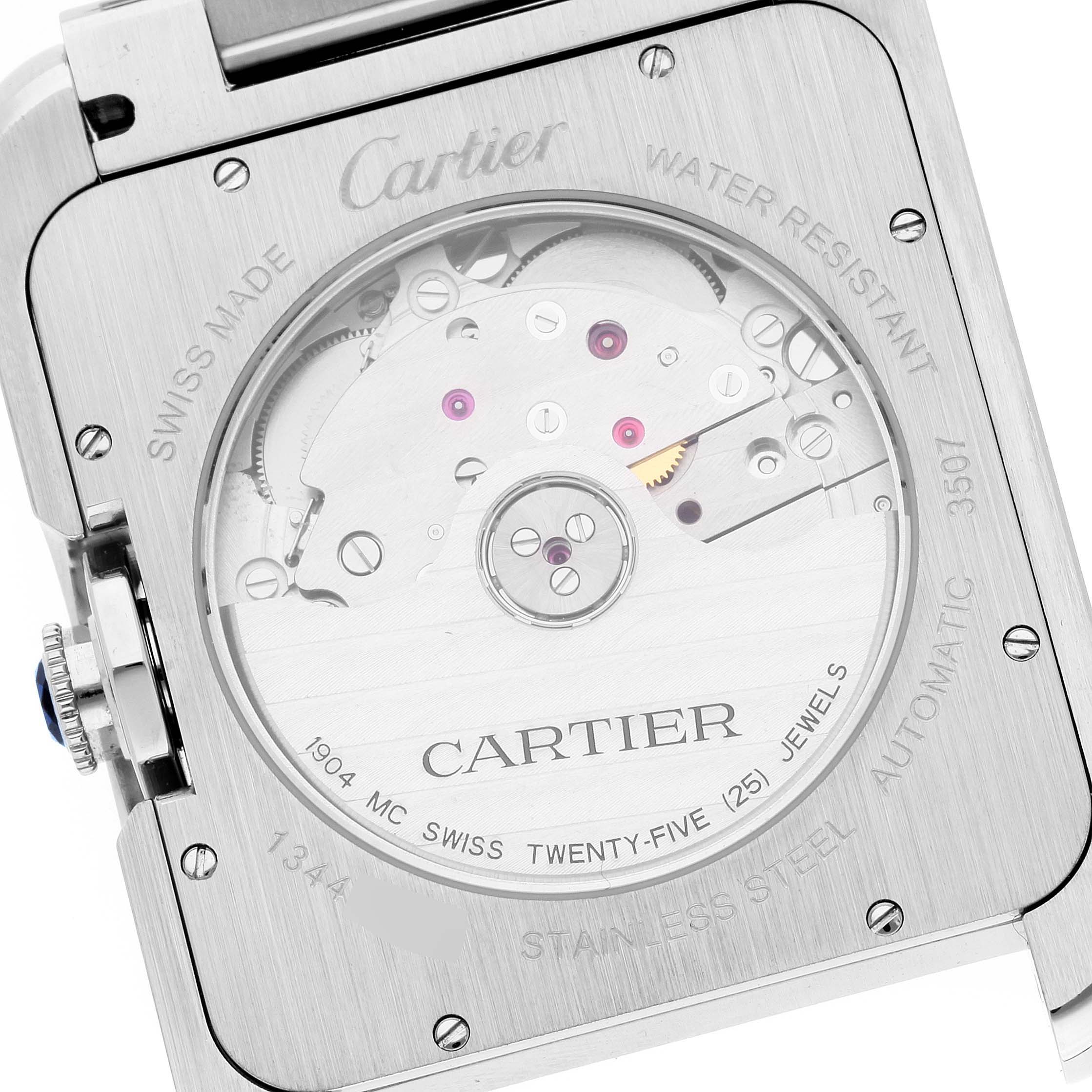 This image shows the back view of the Cartier Tank Anglaise W5310008 Men's Stainless Steel Silver Dial W5310008 Men's Stainless Steel Silver Dial watch, highlighting its movement and internal mechanics.