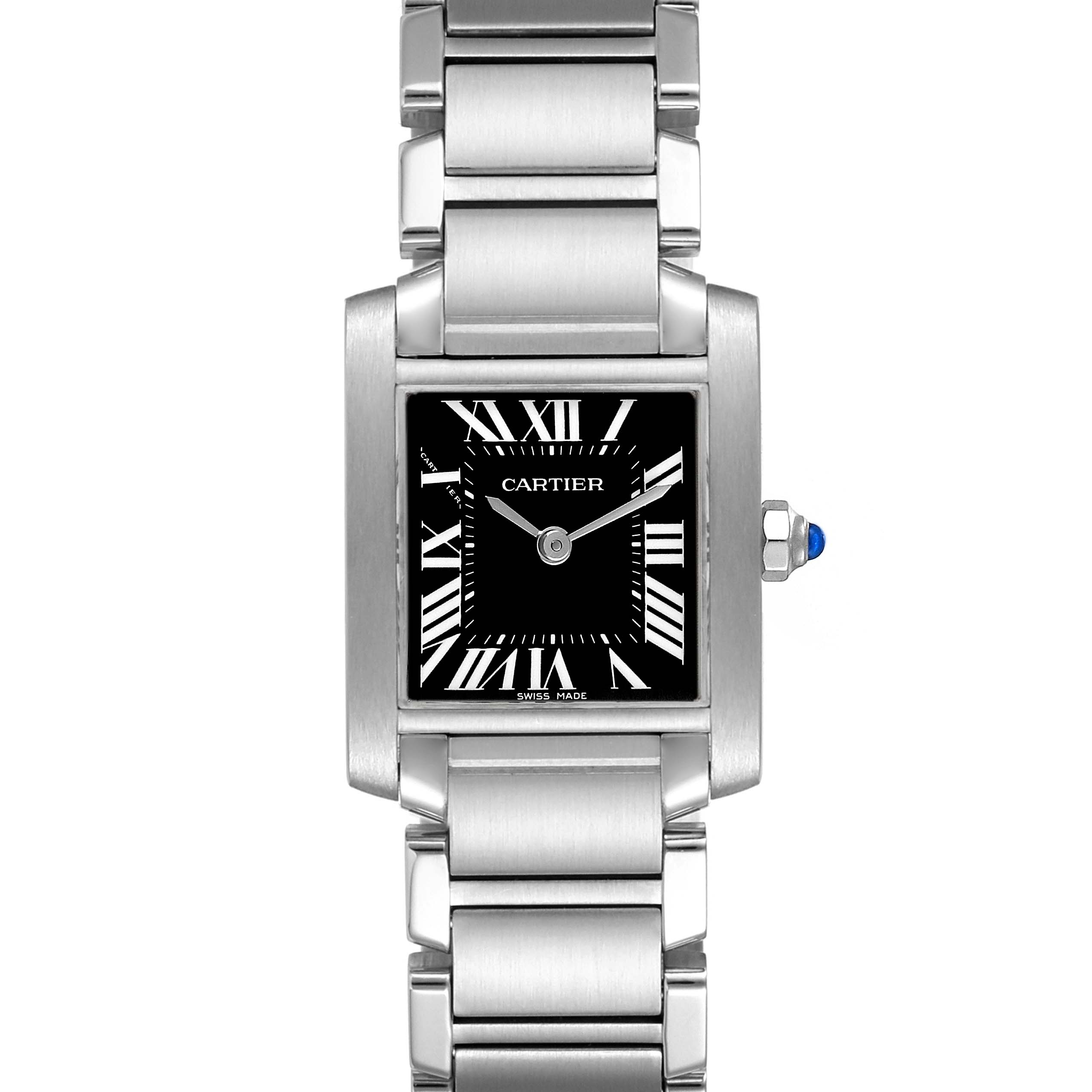 The image shows a front view of a Cartier Tank Francaise W51026Q3 Women's Stainless Steel Black Dial W51026Q3 Women's Stainless Steel Black Dial watch, highlighting the square dial and stainless steel bracelet.