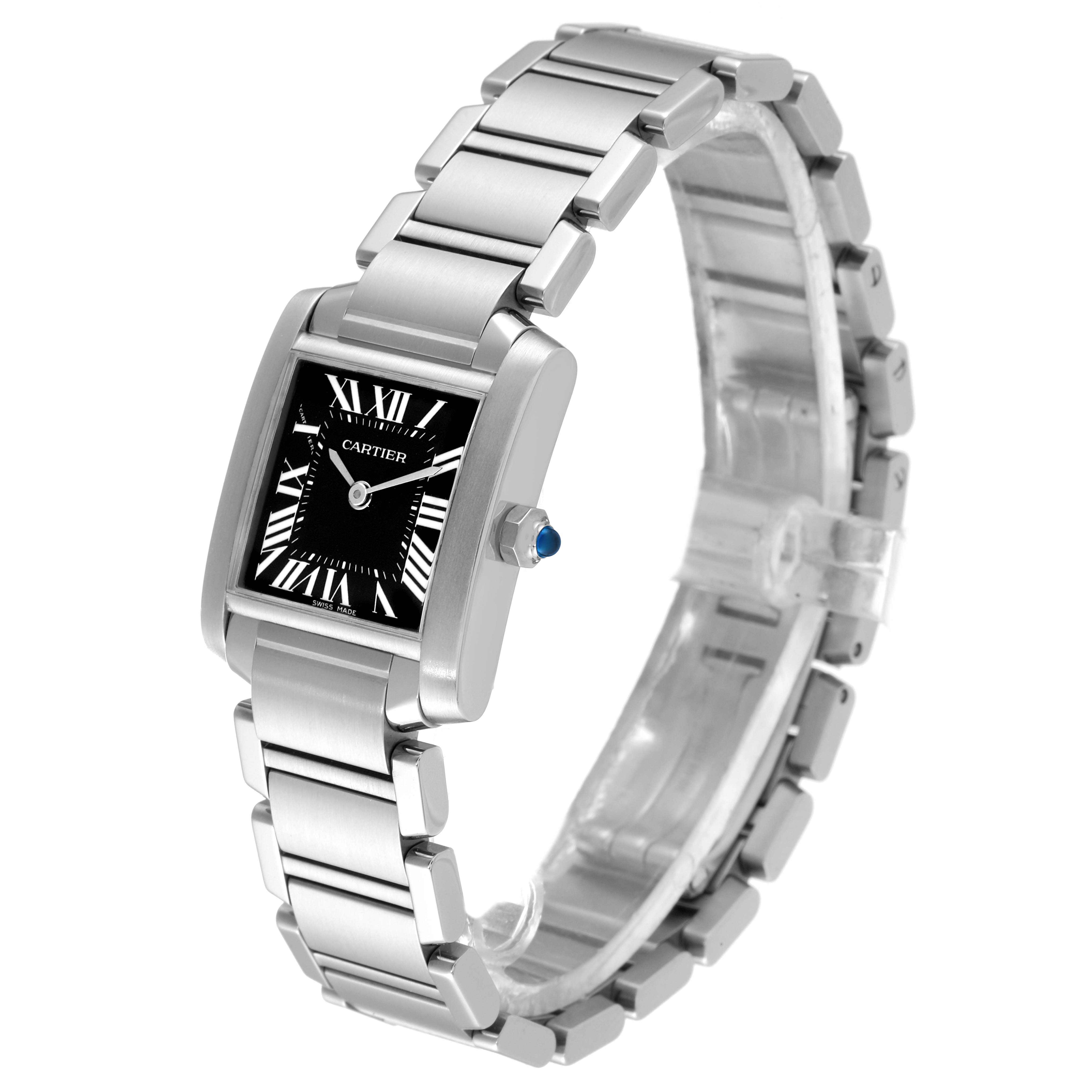 The Cartier Tank Francaise W51026Q3 Women's Stainless Steel Black Dial W51026Q3 Women's Stainless Steel Black Dial watch is shown at a three-quarter angle, displaying the face, bracelet, and crown.