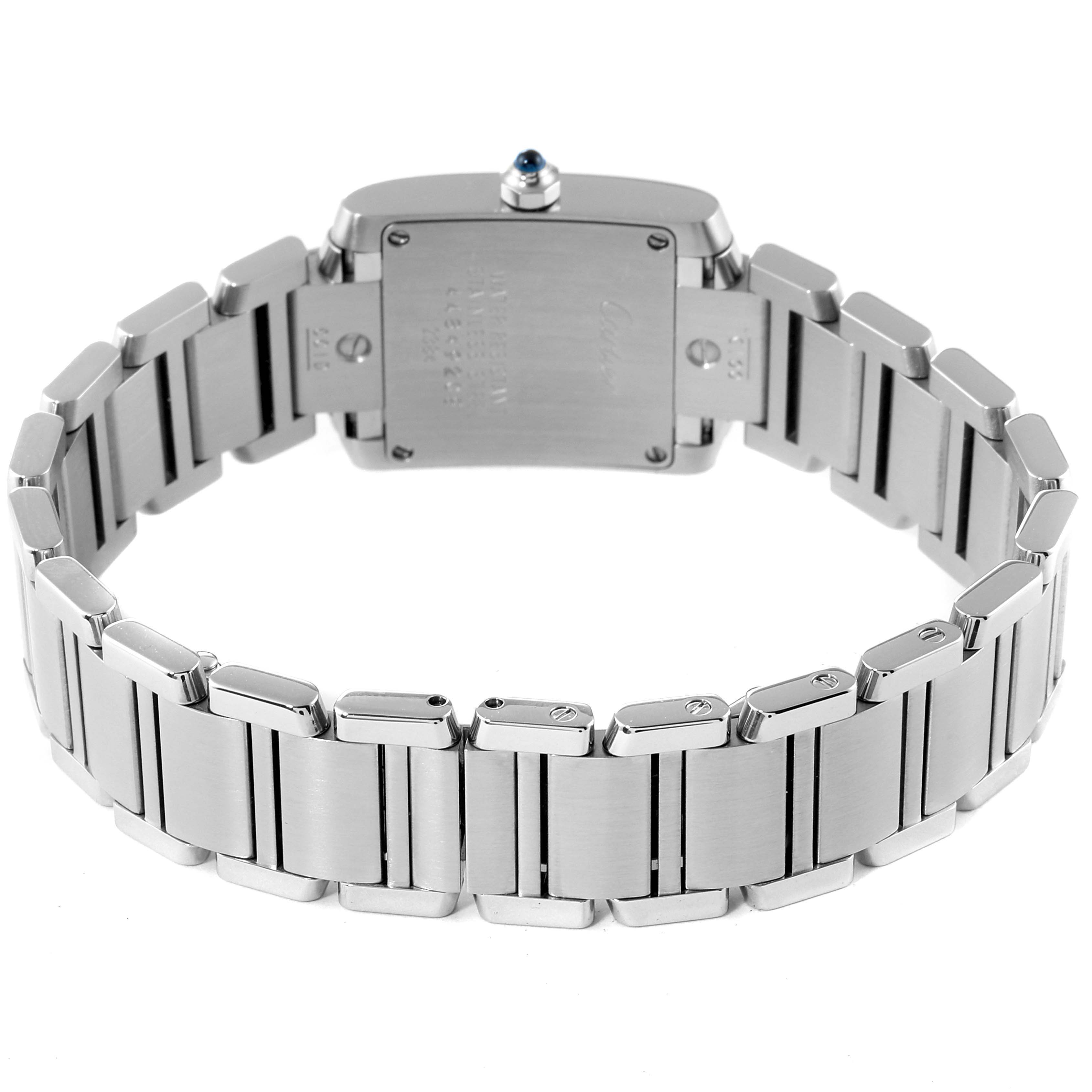 This image shows the back view of the Cartier Tank Française watch, highlighting its case back and metal bracelet.