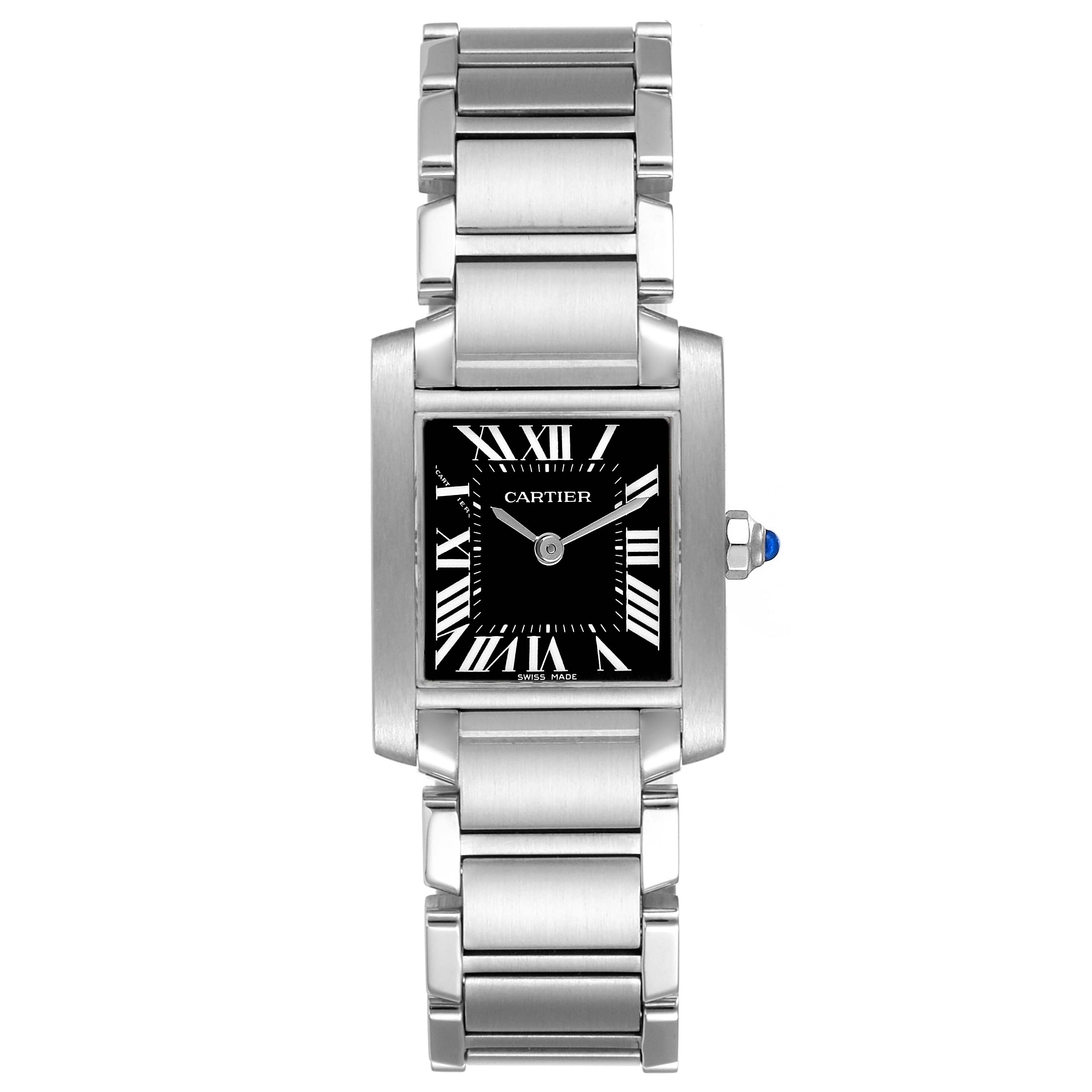 The image shows a frontal view of the Cartier Tank Francaise W51026Q3 Women's Stainless Steel Black Dial W51026Q3 Women's Stainless Steel Black Dial watch, displaying its face, bracelet, and crown.