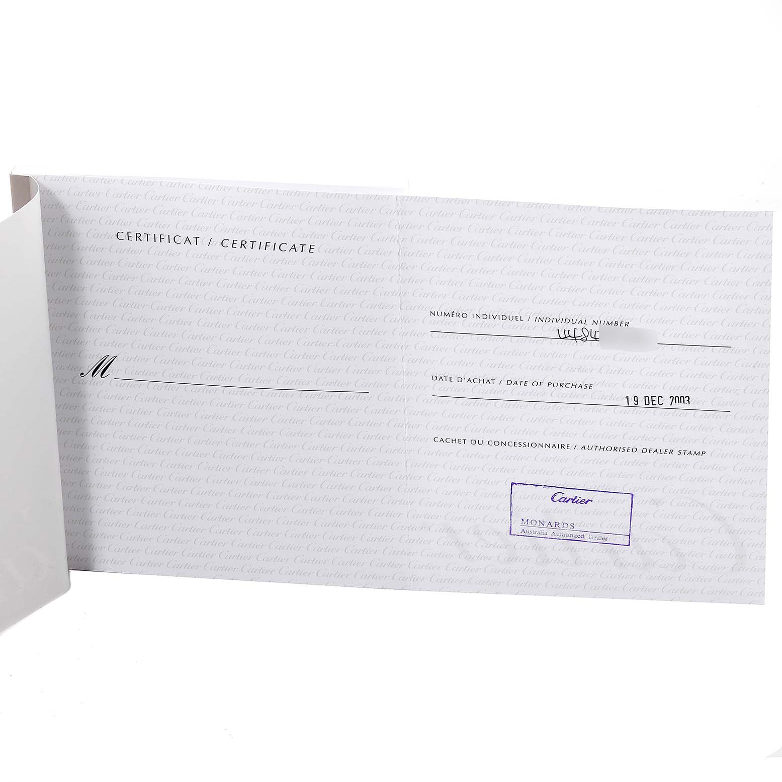 This image shows the certificate of authenticity for a Cartier Tank Française watch.