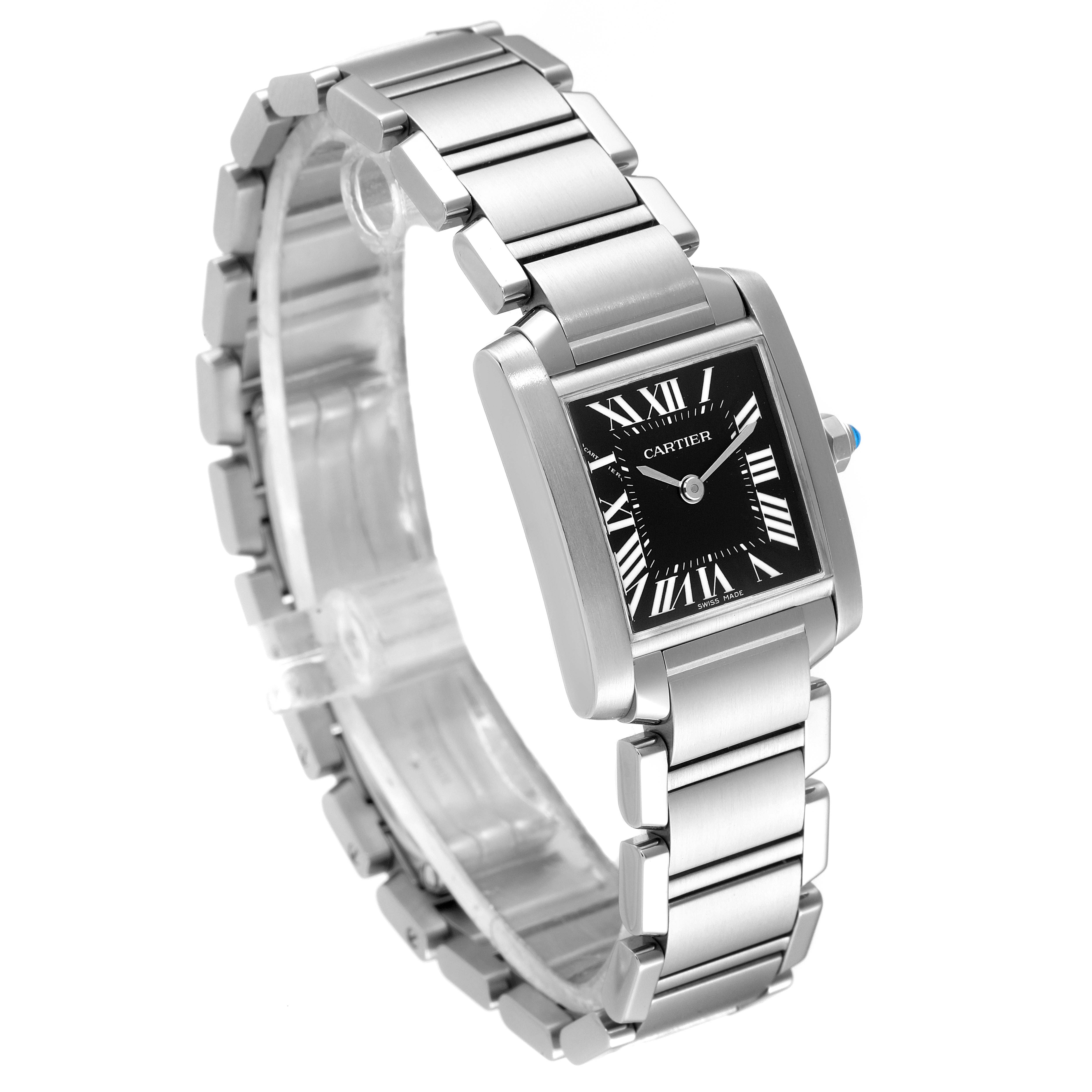 The Cartier Tank Francaise W51026Q3 Women's Stainless Steel Black Dial W51026Q3 Women's Stainless Steel Black Dial watch is shown from a three-quarter angle, showcasing its rectangular face, bracelet, and side crown.