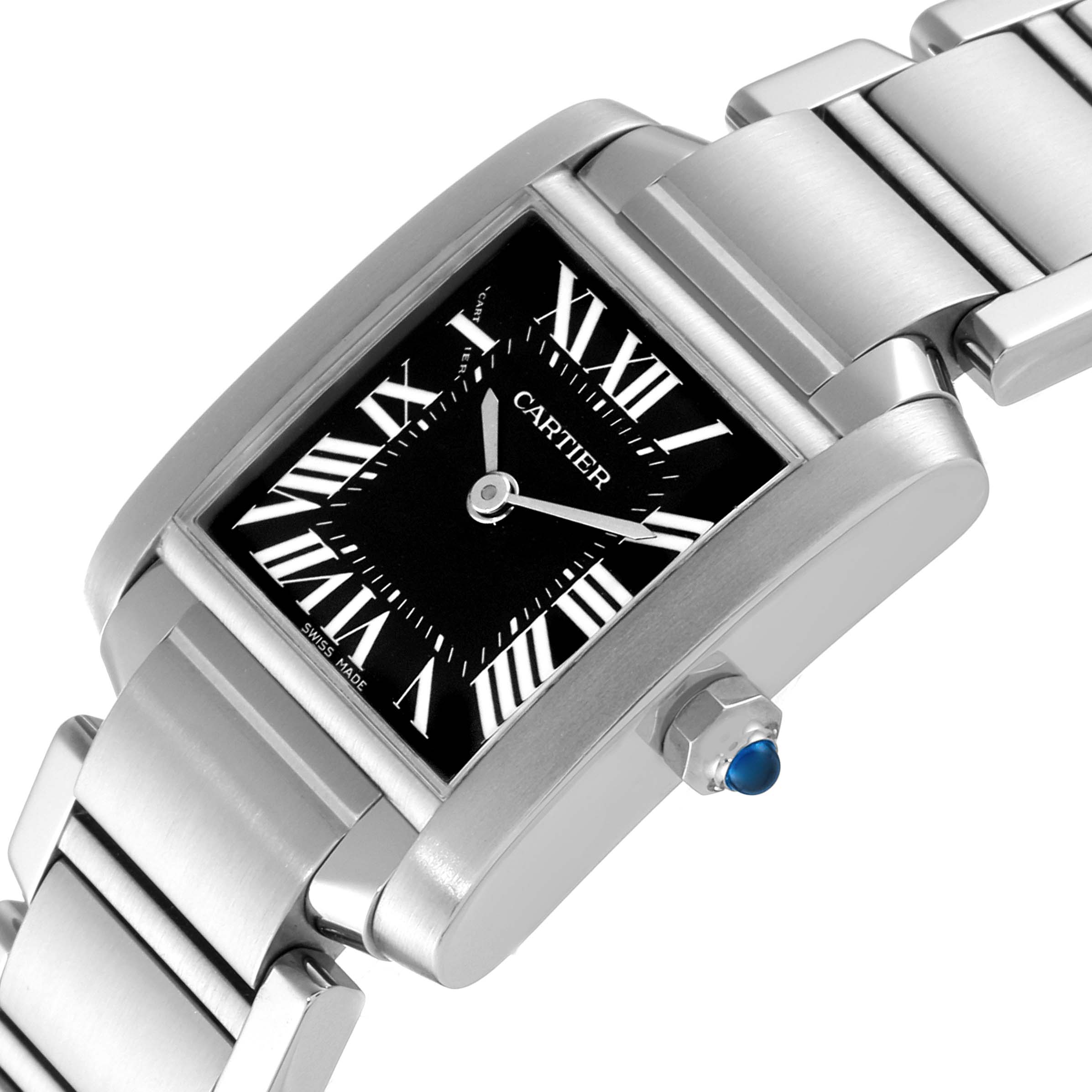 The image shows a close-up, angled view of the Cartier Tank Francaise W51026Q3 Women's Stainless Steel Black Dial W51026Q3 Women's Stainless Steel Black Dial watch, highlighting the face, bezel, and part of the metal bracelet.
