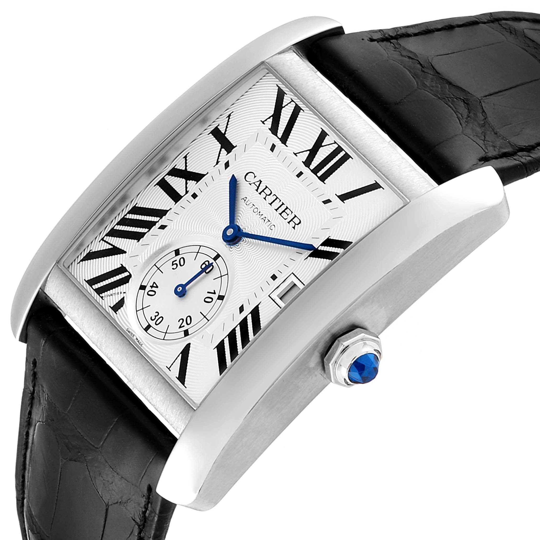 The image shows a Cartier Tank MC W5330003 Men's Stainless Steel Silver Dial W5330003 Men's Stainless Steel Silver Dial watch at an angle, highlighting its dial, blue hands, rectangular case, black leather strap, and sapphire crown.