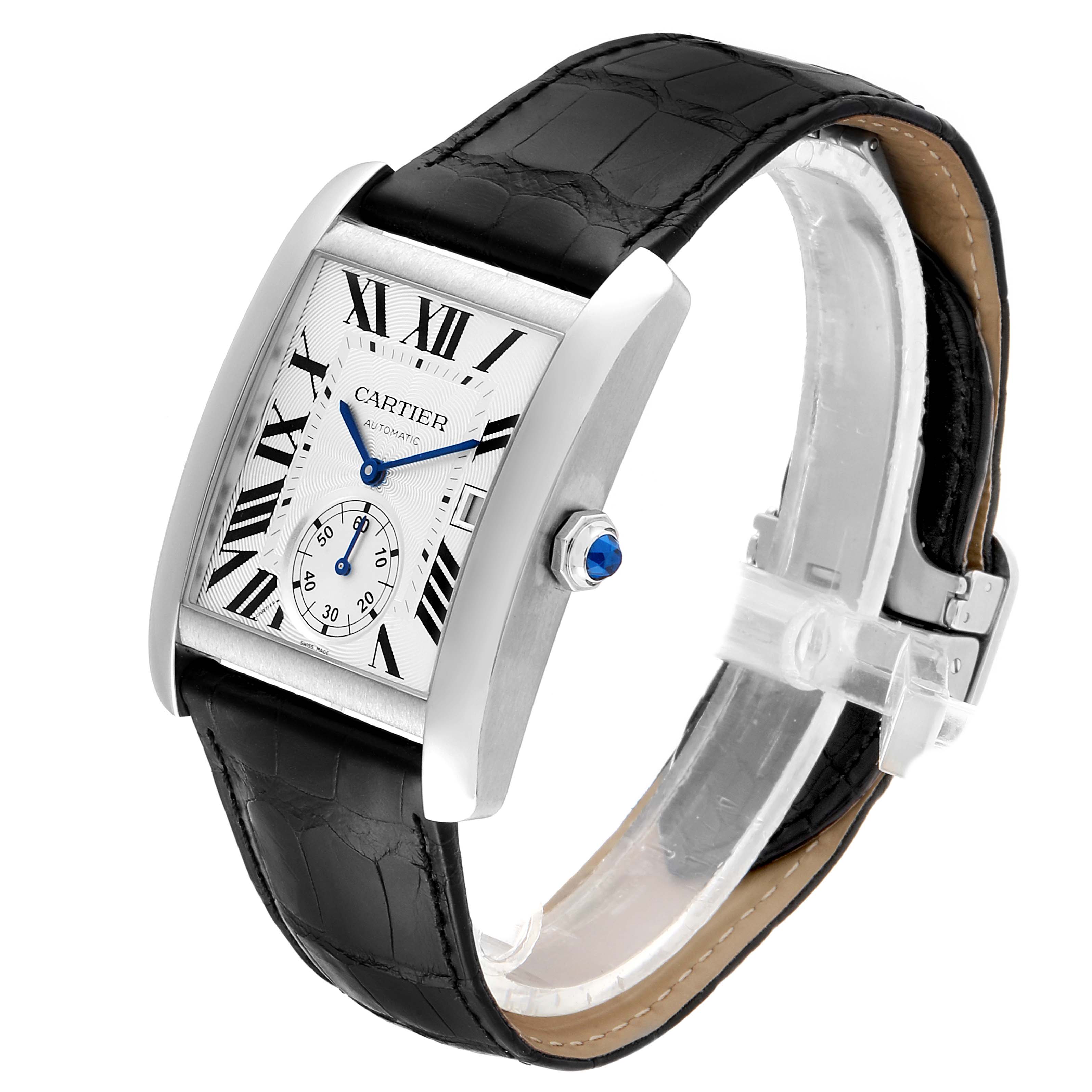 The image shows a frontal angle of a Cartier Tank MC W5330003 Men's Stainless Steel Silver Dial W5330003 Men's Stainless Steel Silver Dial watch with its black leather strap, rectangular dial, and blue cabochon crown.