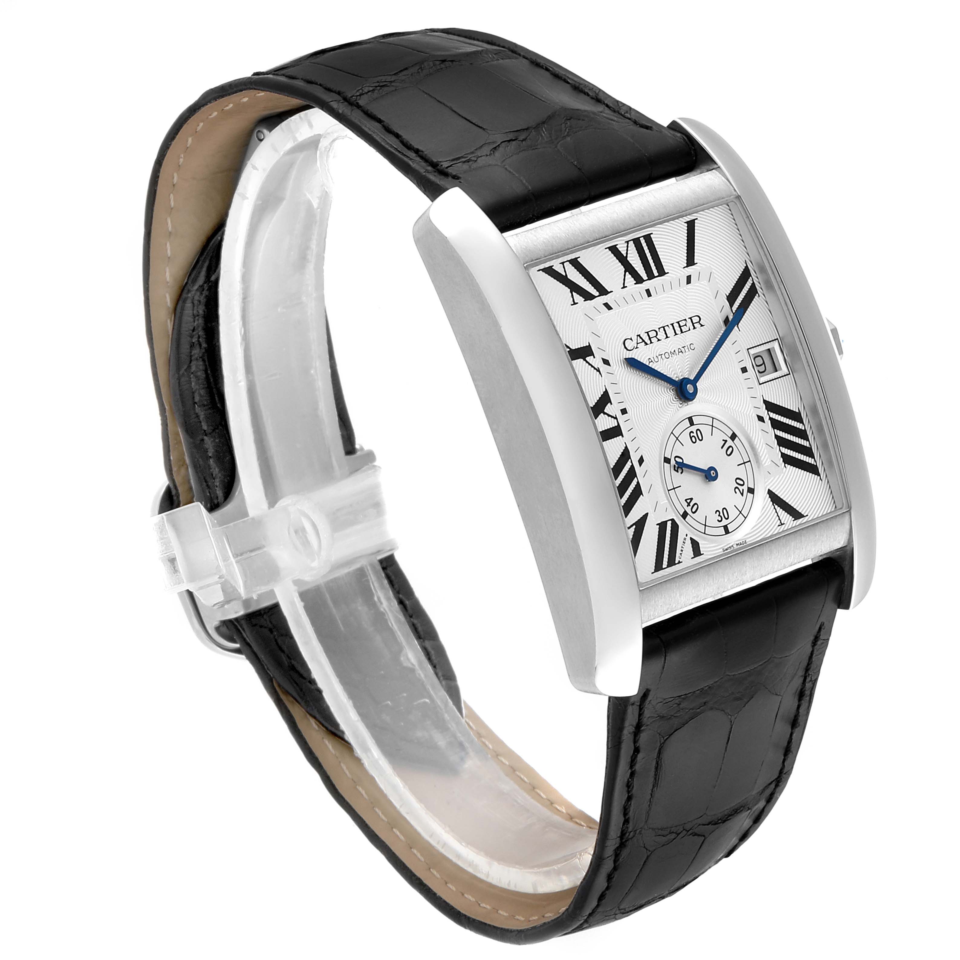 This image shows a Cartier Tank MC W5330003 Men's Stainless Steel Silver Dial W5330003 Men's Stainless Steel Silver Dial watch at an angle, highlighting the black leather strap, white dial with Roman numerals, and silver case.
